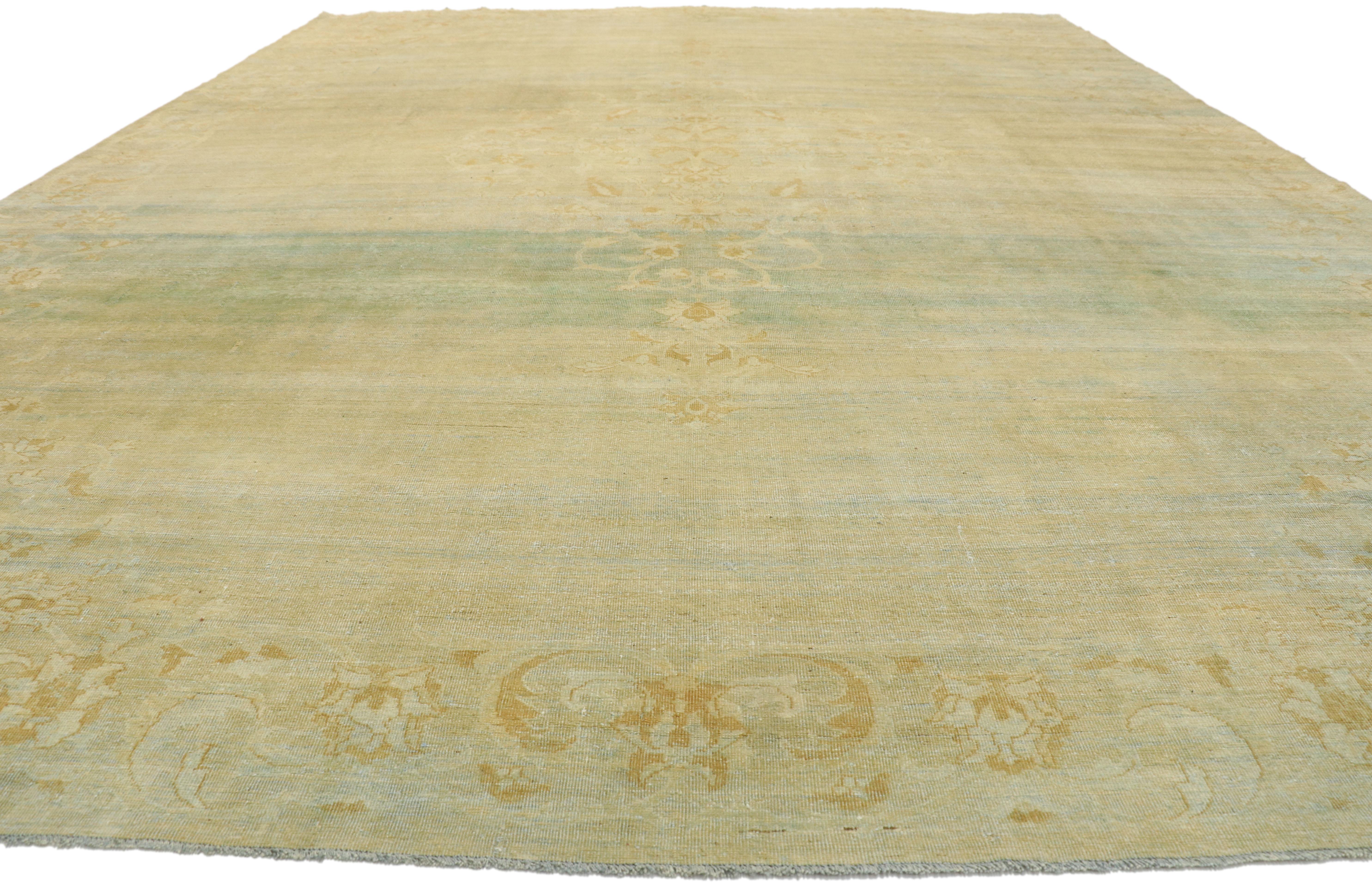 Hand-Knotted Distressed Antique Indian Agra Palace Rug with Tropical British Colonial Style For Sale