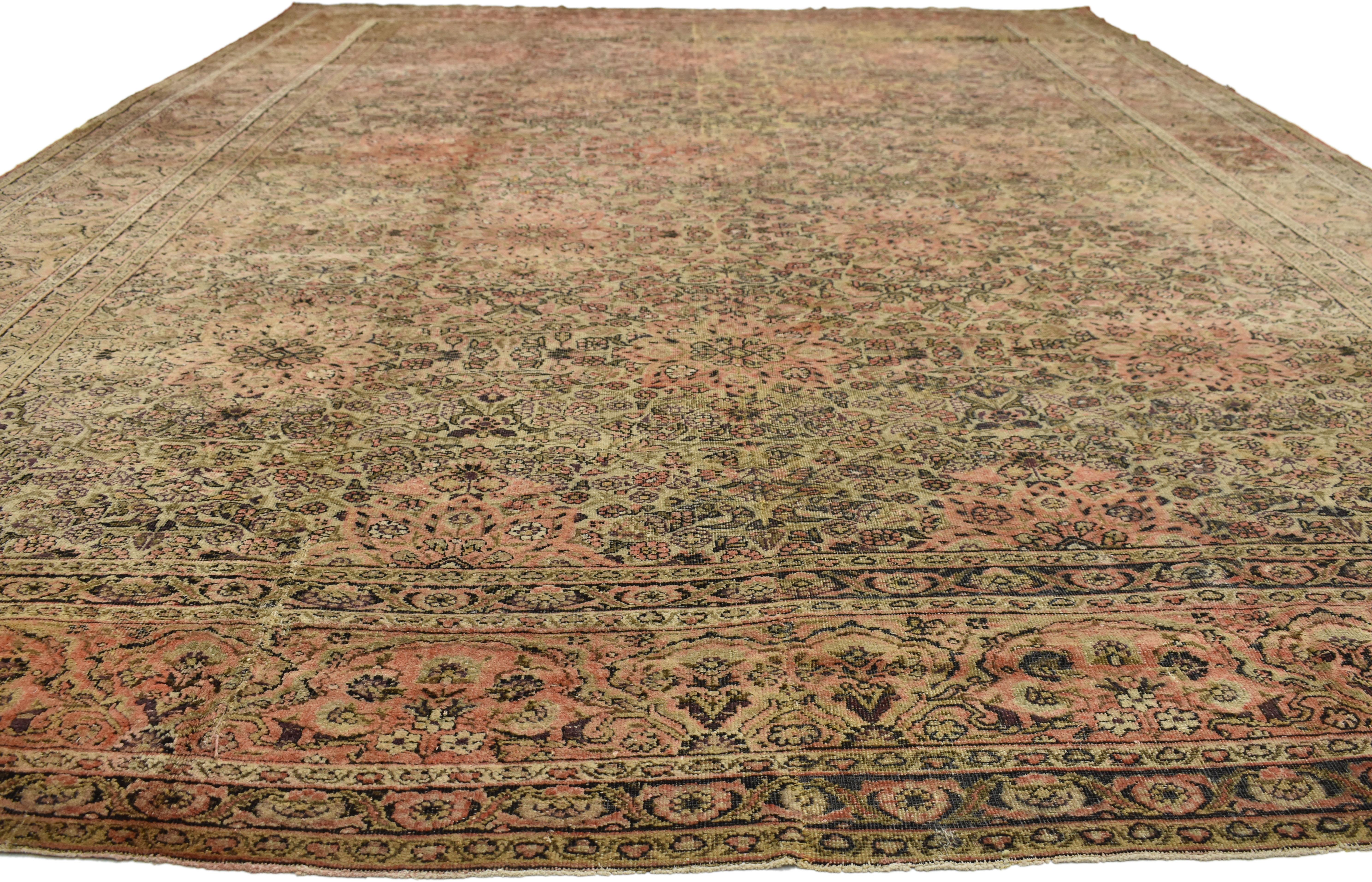 British Indian Ocean Territory Distressed Antique Indian Agra Palace Size Rug with Art Nouveau Style For Sale