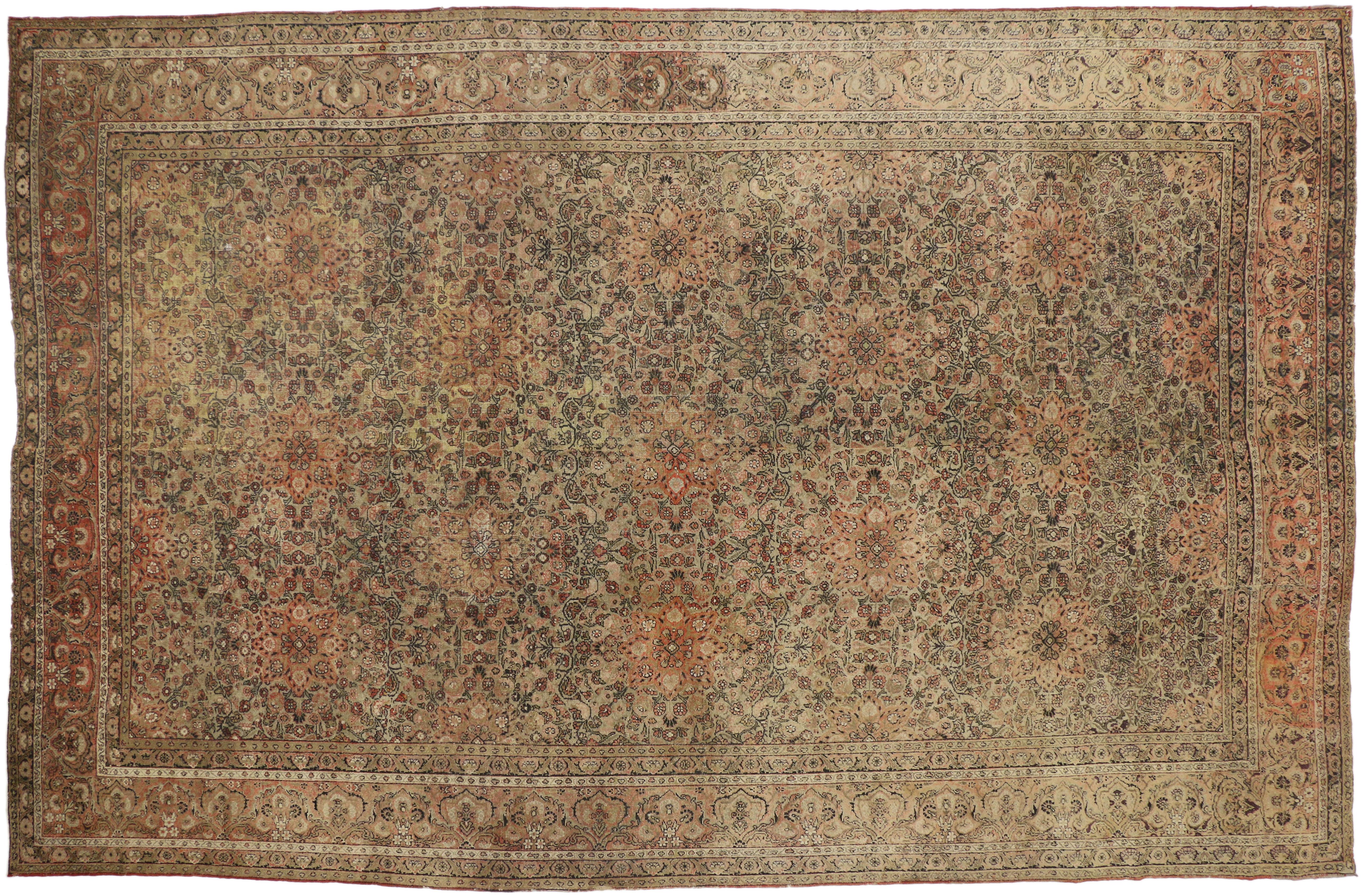 Hand-Knotted Distressed Antique Indian Agra Palace Size Rug with Art Nouveau Style For Sale