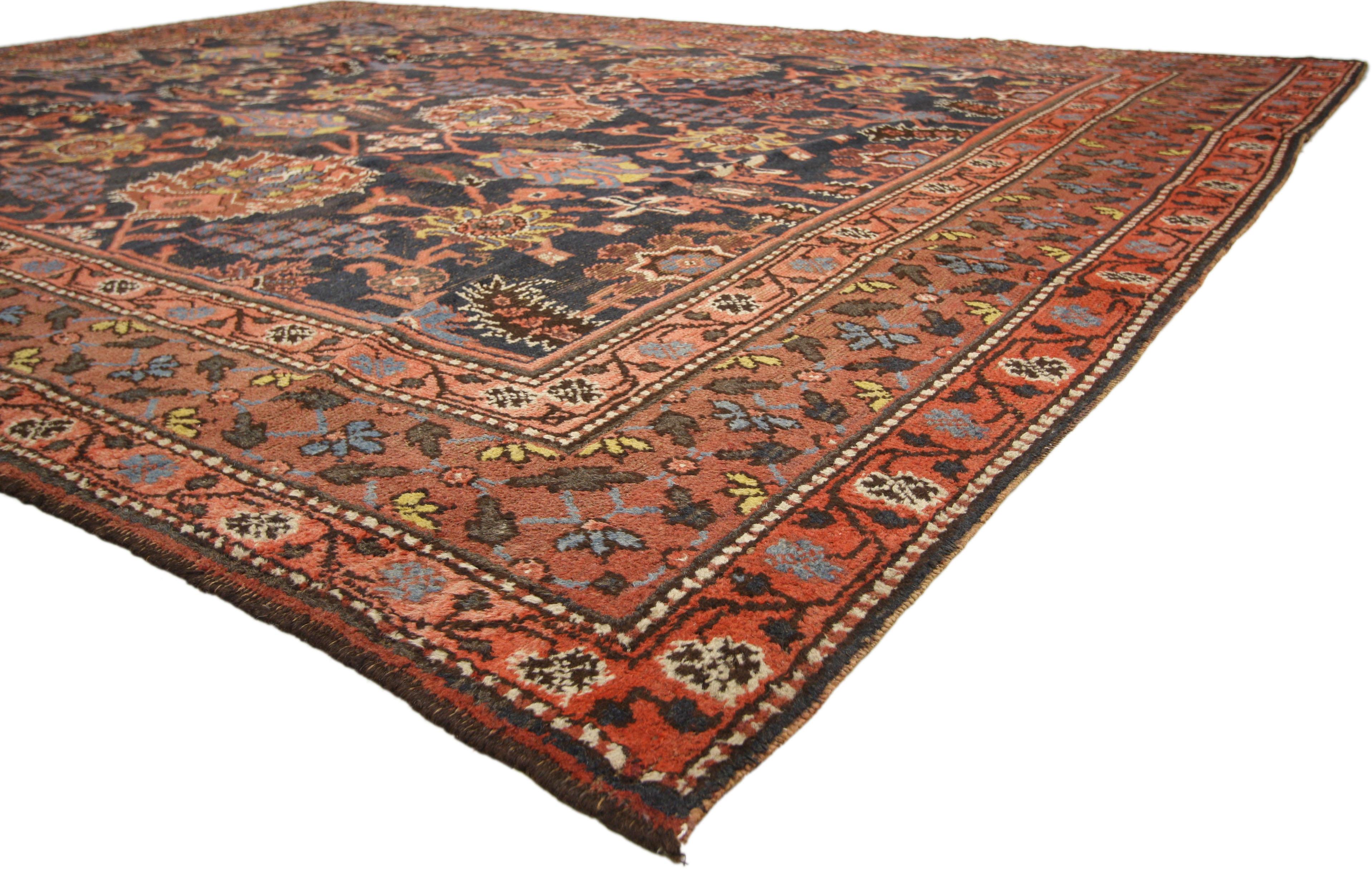 74273, distressed antique Indian Agra rug with modern traditional Arts & Crafts style. The architectural elements of naturalistic forms combined with Arts and Crafts style, this hand knotted wool distressed antique Indian Agra rug astounds with its