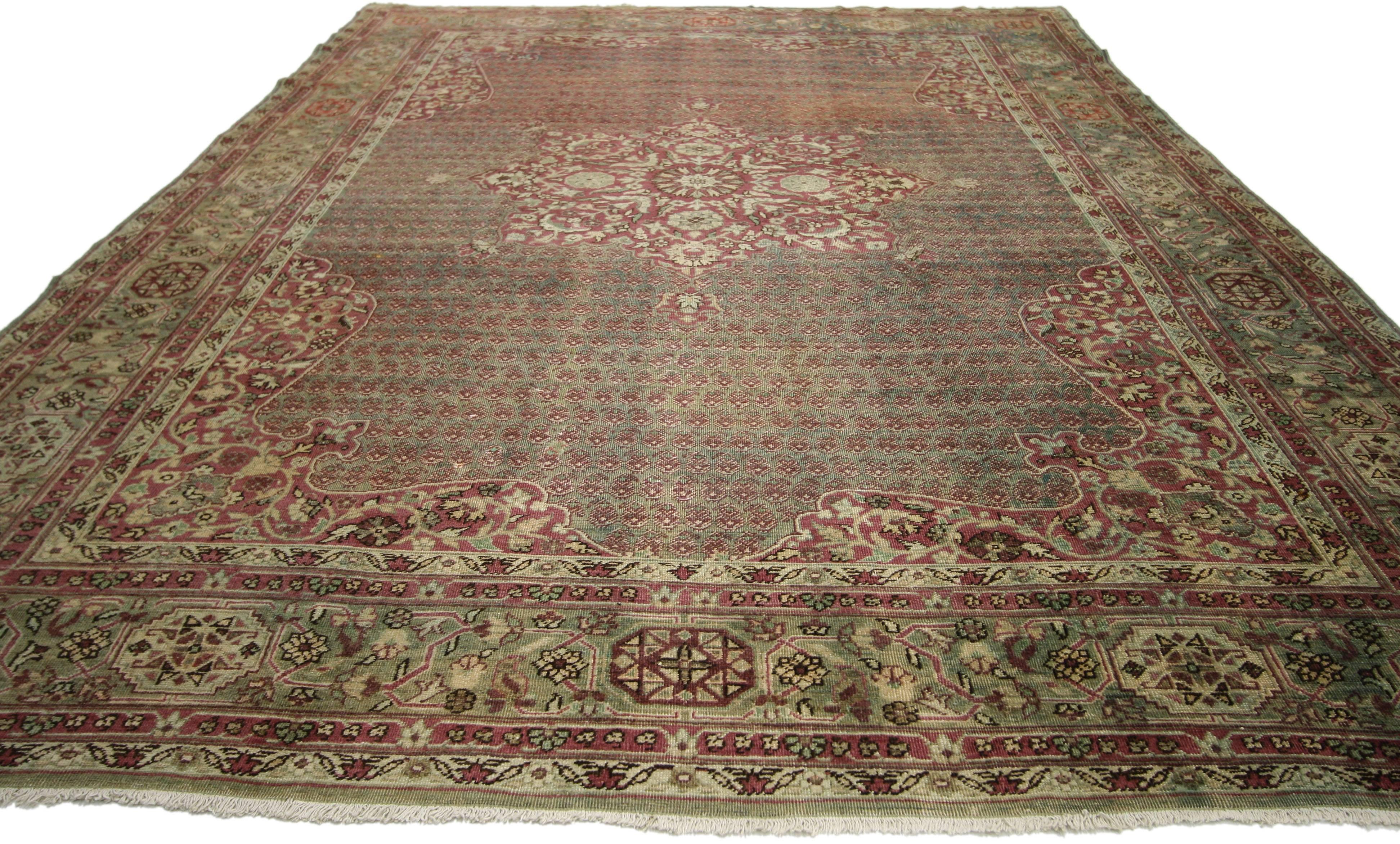 Hand-Knotted Distressed Antique Indian Agra Rug with Rustic Jacobean Old World Style For Sale