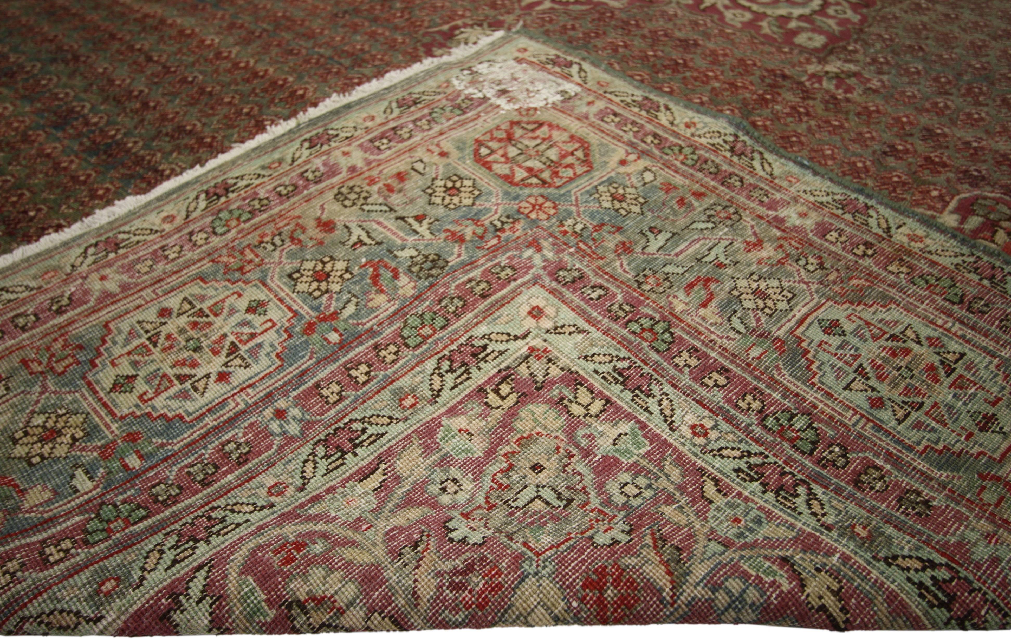 Distressed Antique Indian Agra Rug with Rustic Jacobean Old World Style In Distressed Condition For Sale In Dallas, TX