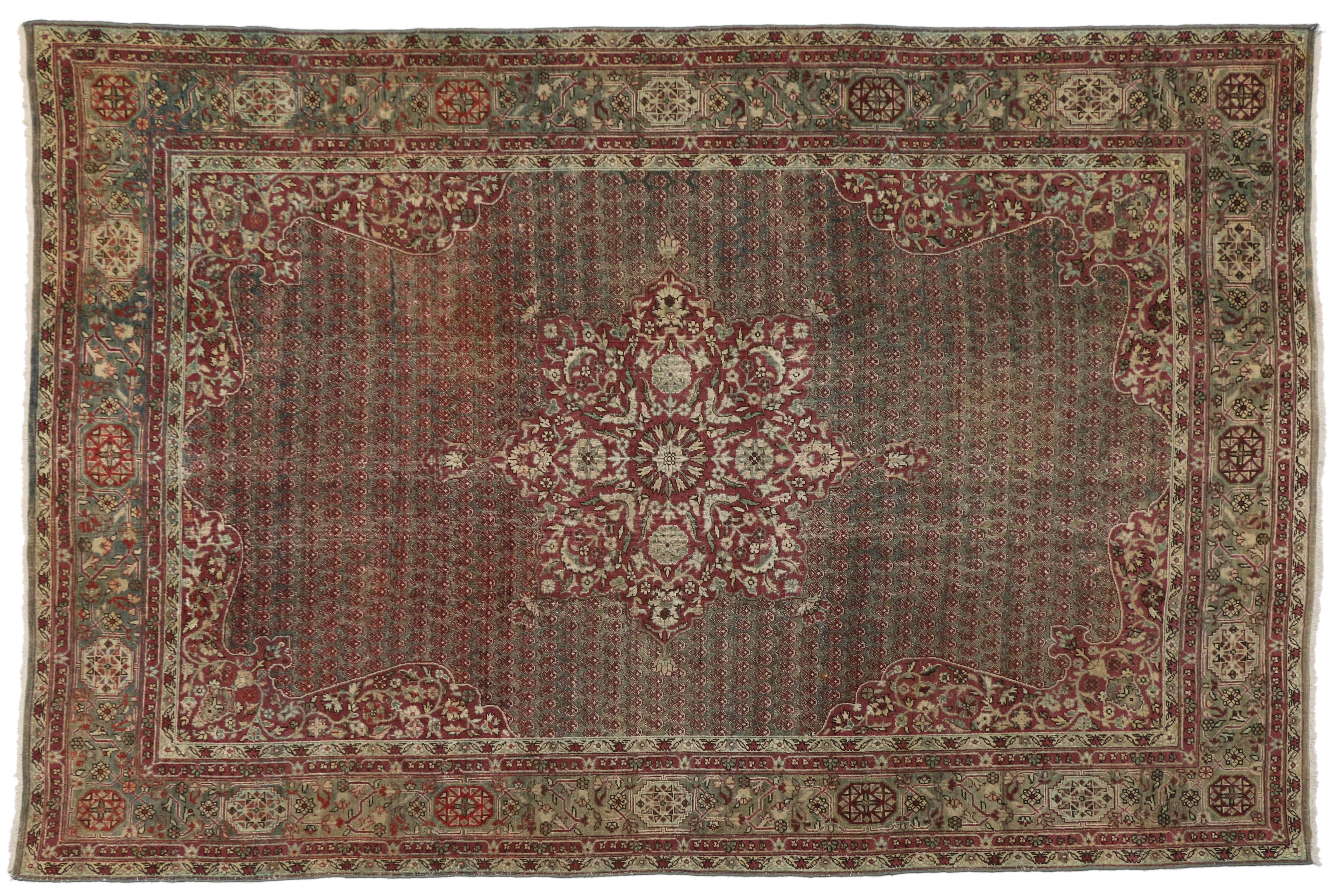 20th Century Distressed Antique Indian Agra Rug with Rustic Jacobean Old World Style For Sale