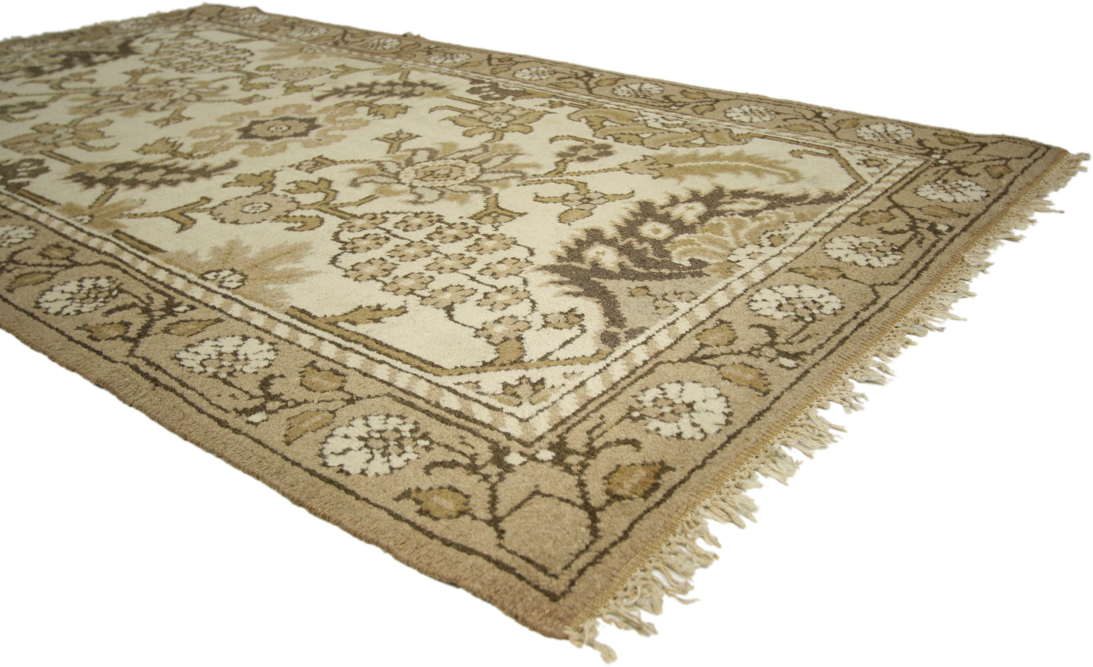 71889 Distressed Antique Indian Agra Rug with Modern Rustic Shaker Style 04'00 x 06'08.​​ Warm and inviting with the right amount of age wear, this hand knotted wool antique Indian Agra accent rug features a large-scale geometric pattern composed of