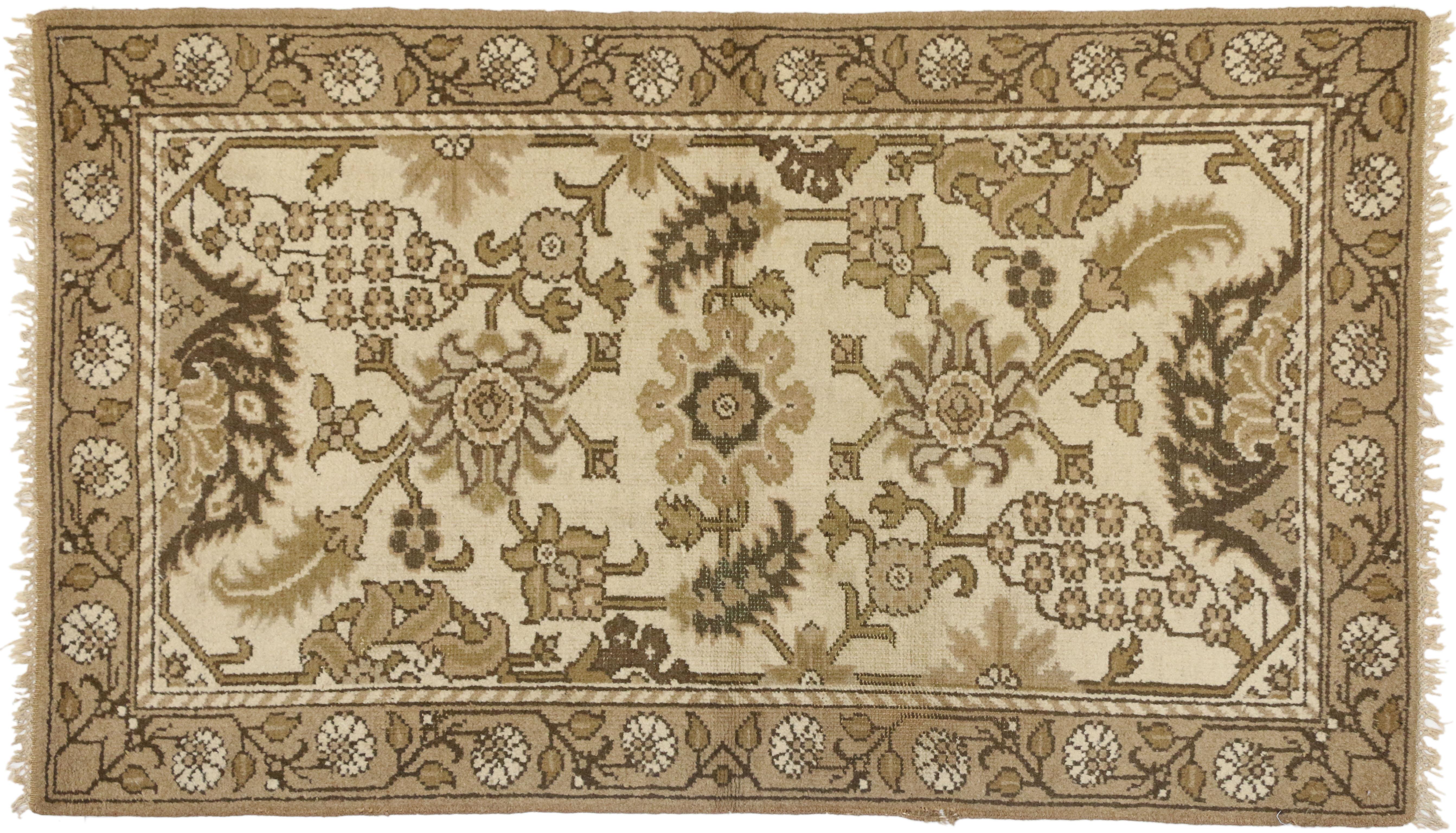 Wool Distressed Antique Indian Agra Rug with Modern Rustic Shaker Style For Sale