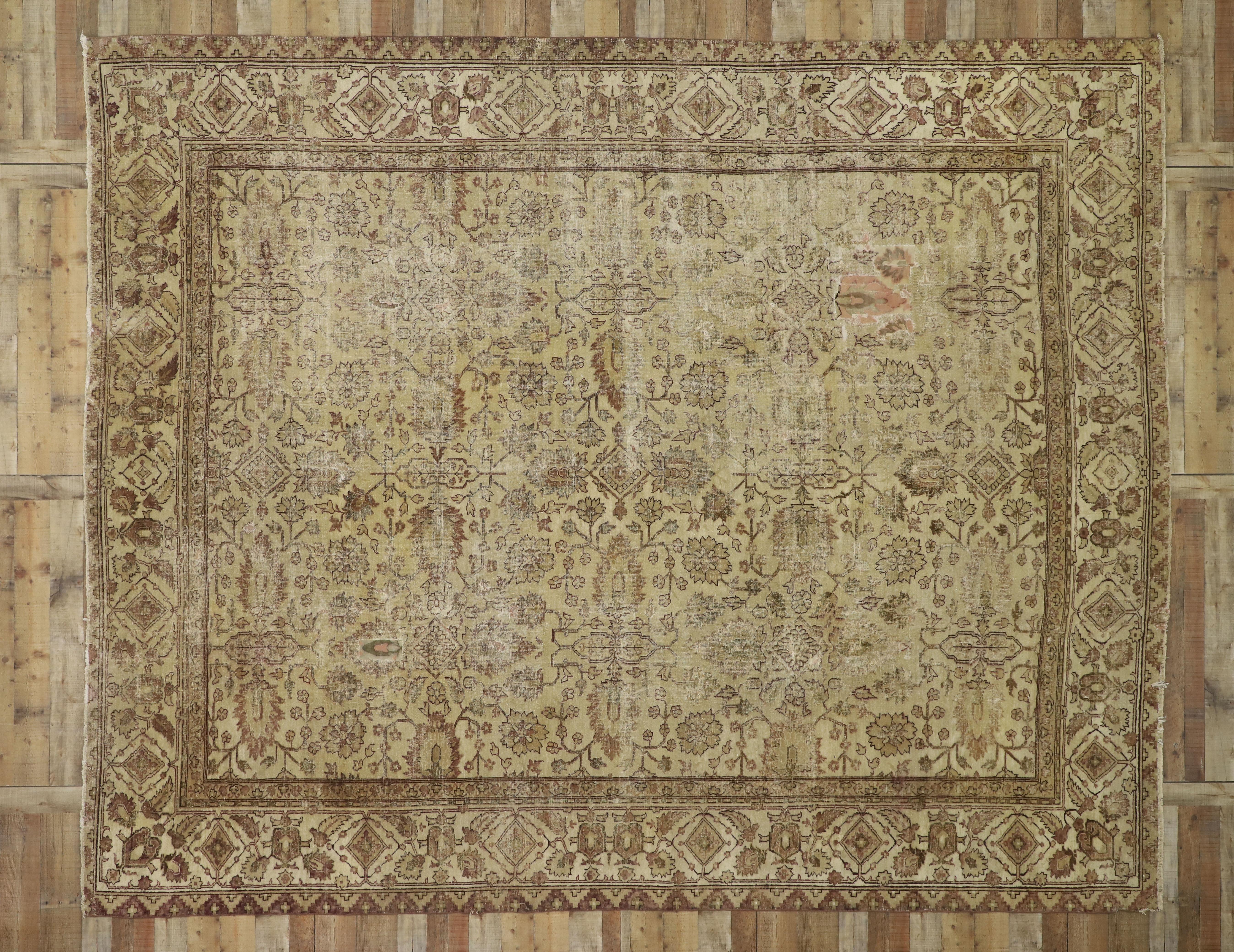 Wool Distressed Antique Indian Agra with Modern Style and Industrial Aesthetic For Sale