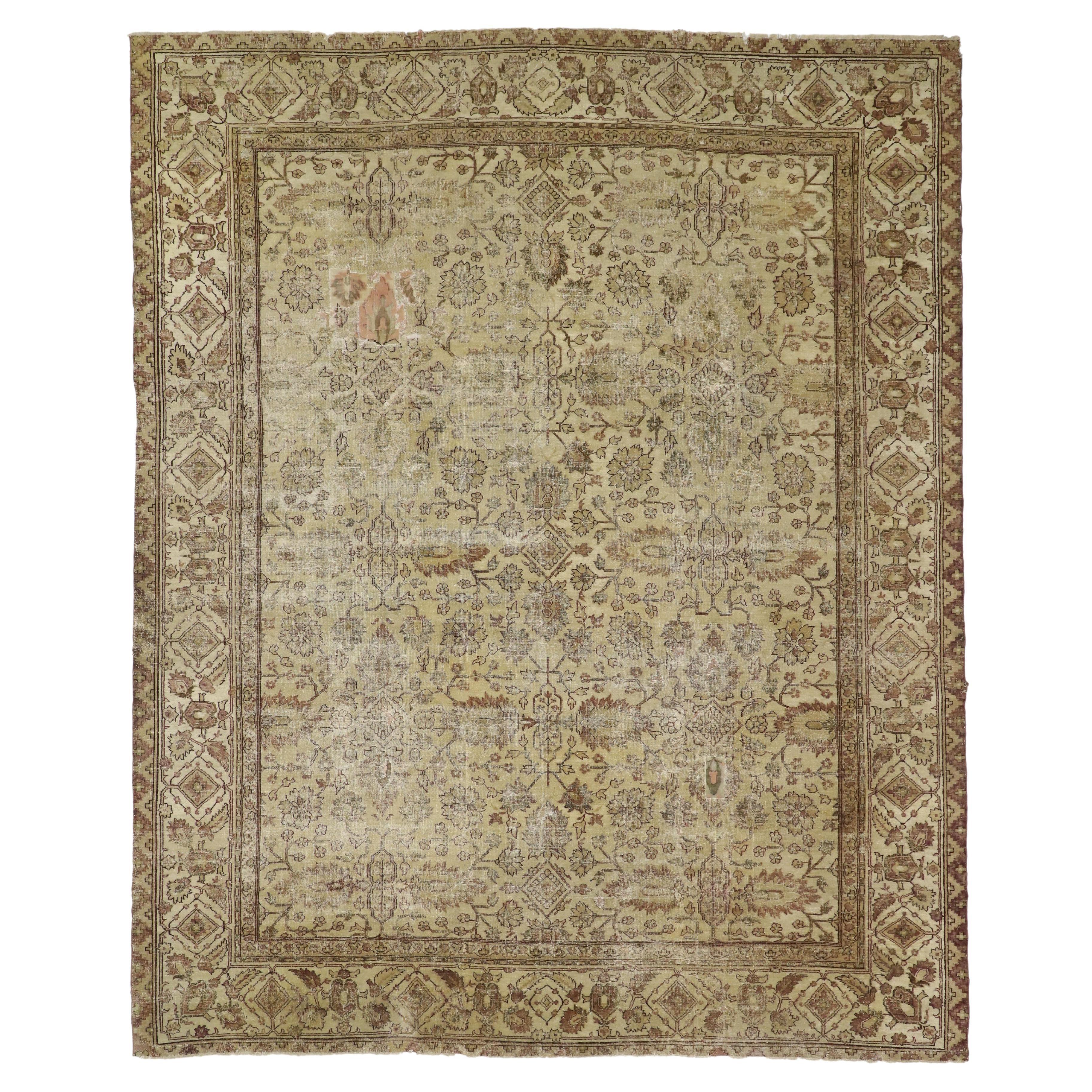 Distressed Antique Indian Agra with Modern Style and Industrial Aesthetic For Sale