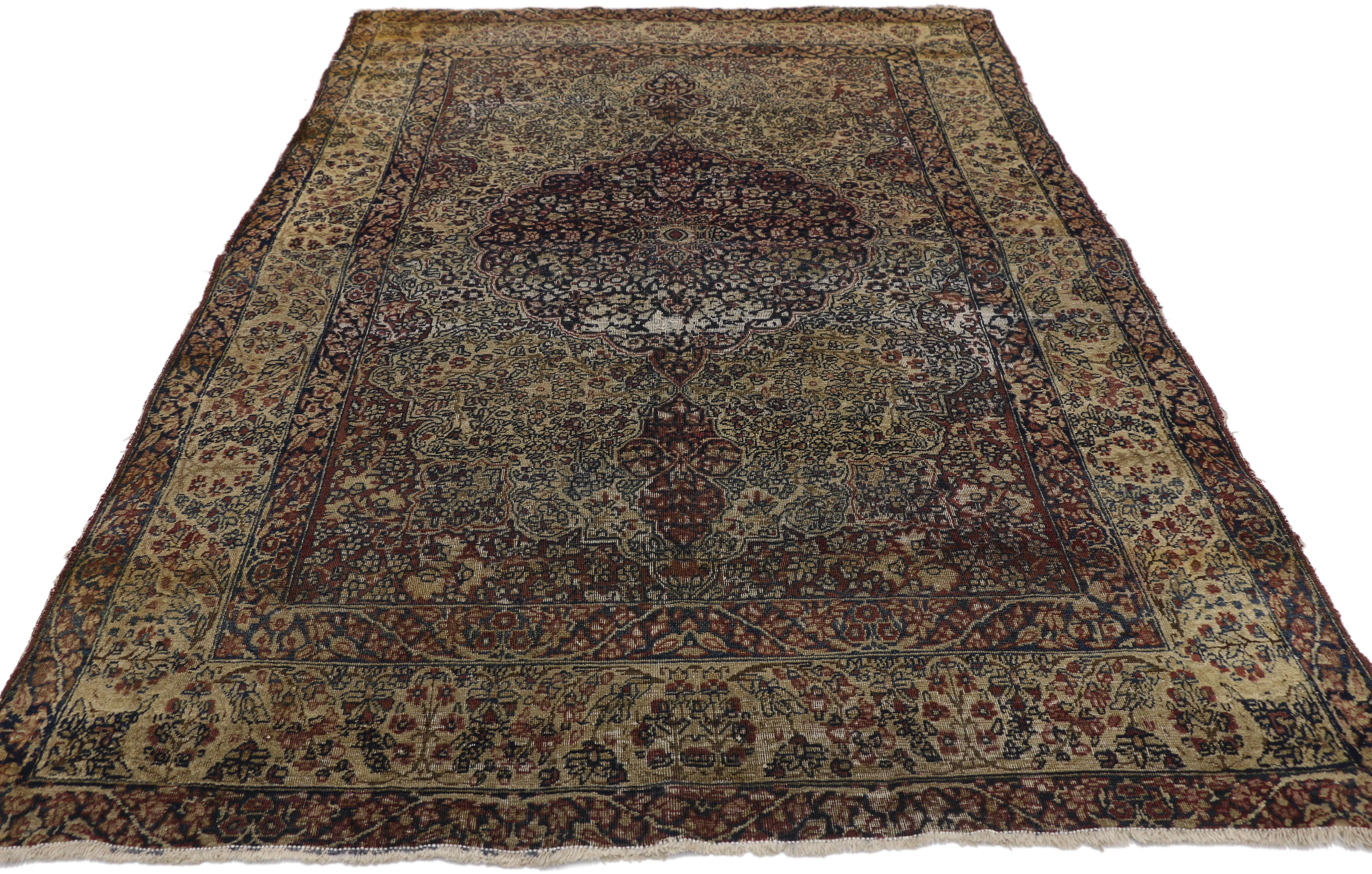 Hand-Knotted Distressed Antique Kermanshah Persian Rug with Rustic English Style For Sale