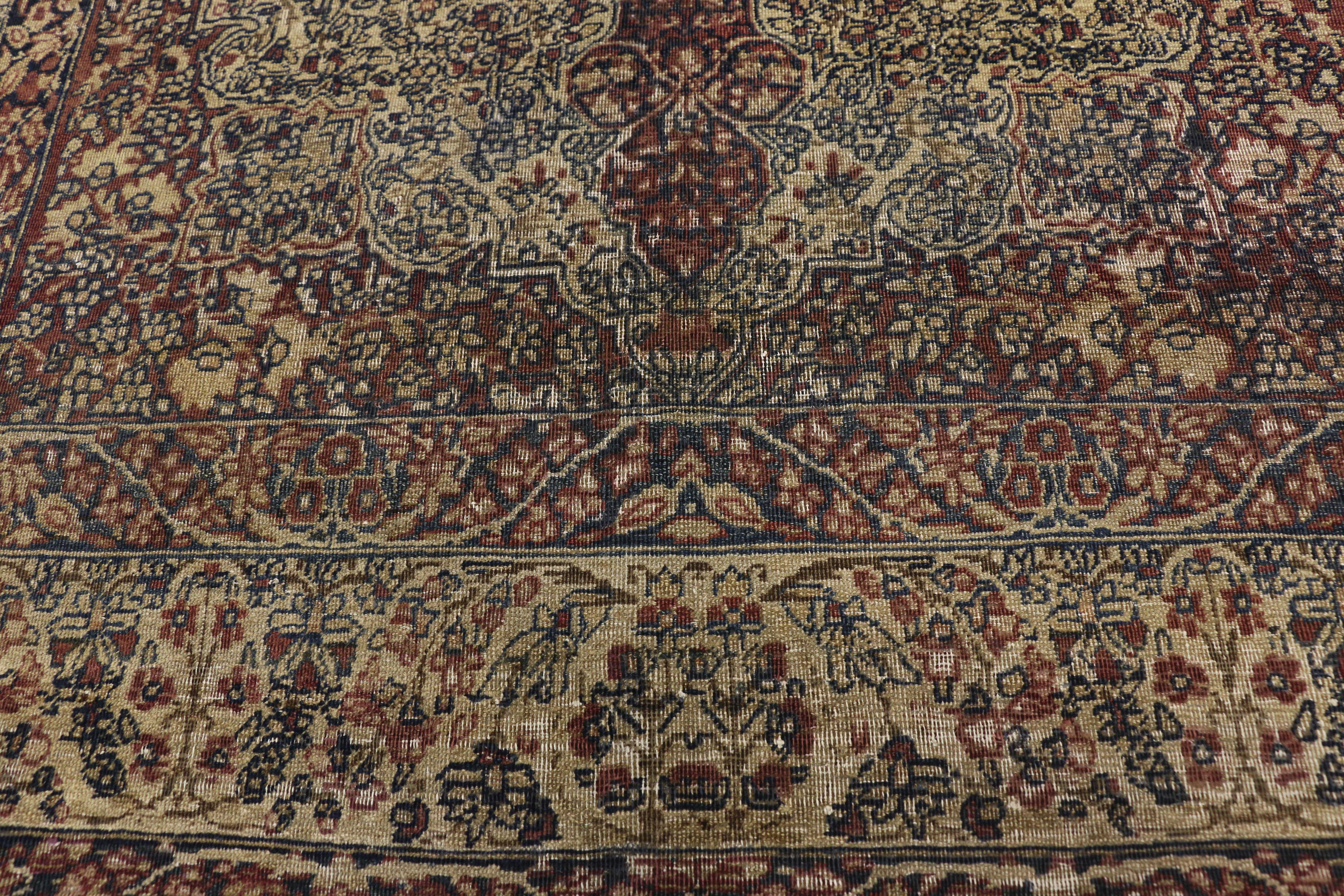 Distressed Antique Kermanshah Persian Rug with Rustic English Style In Distressed Condition For Sale In Dallas, TX