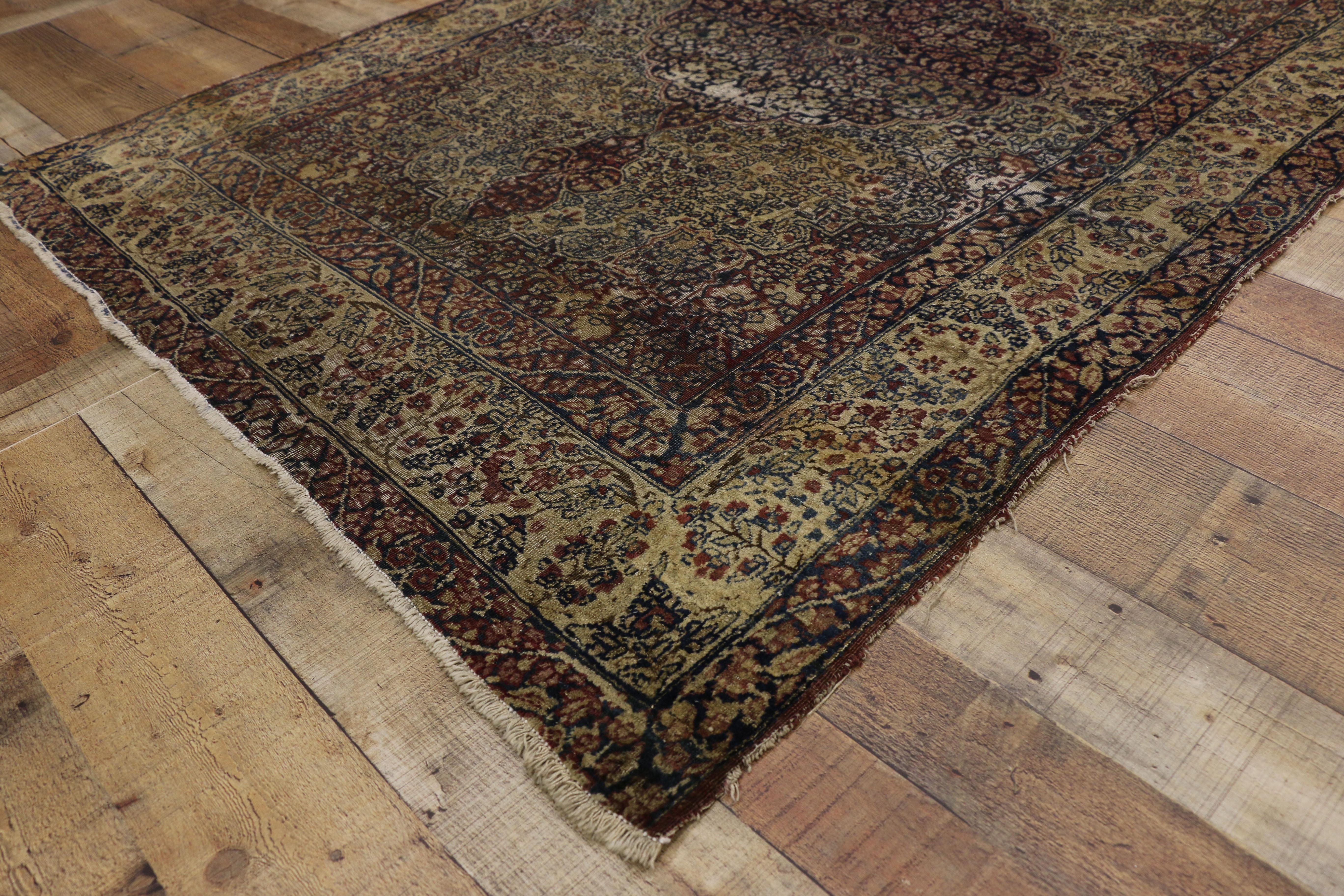 Wool Distressed Antique Kermanshah Persian Rug with Rustic English Style For Sale
