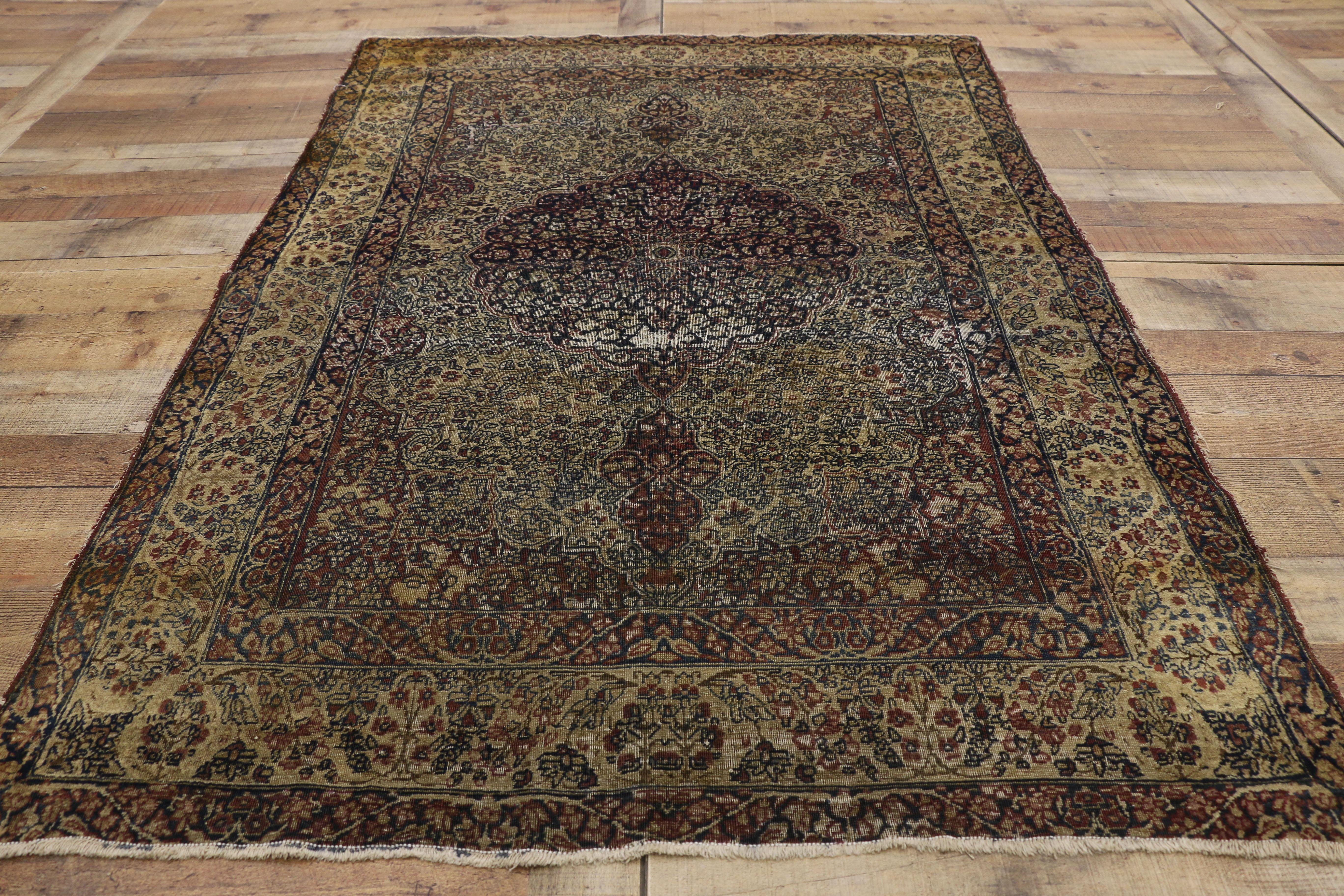 Distressed Antique Kermanshah Persian Rug with Rustic English Style For Sale 1