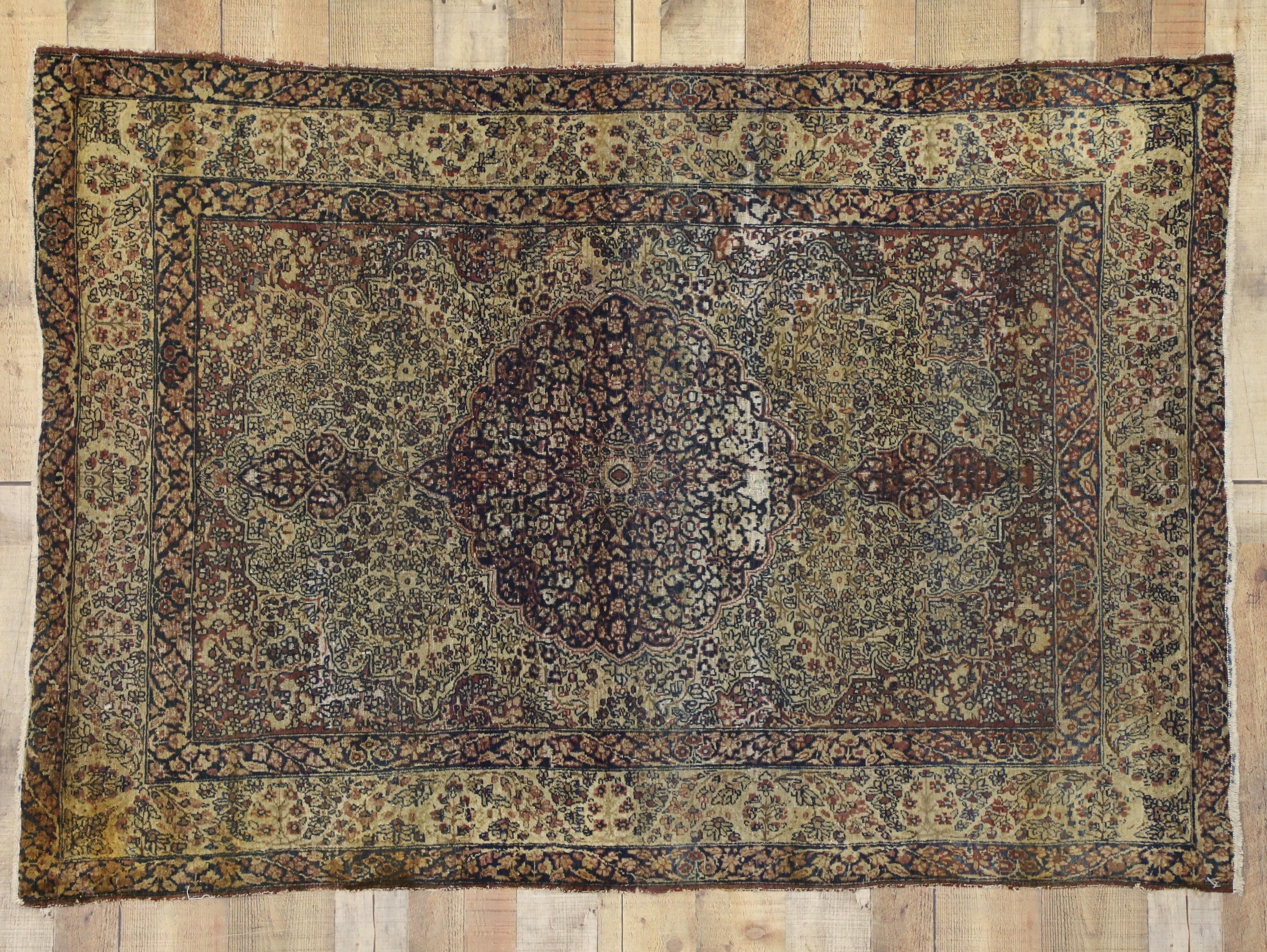 Distressed Antique Kermanshah Persian Rug with Rustic English Style For Sale 2