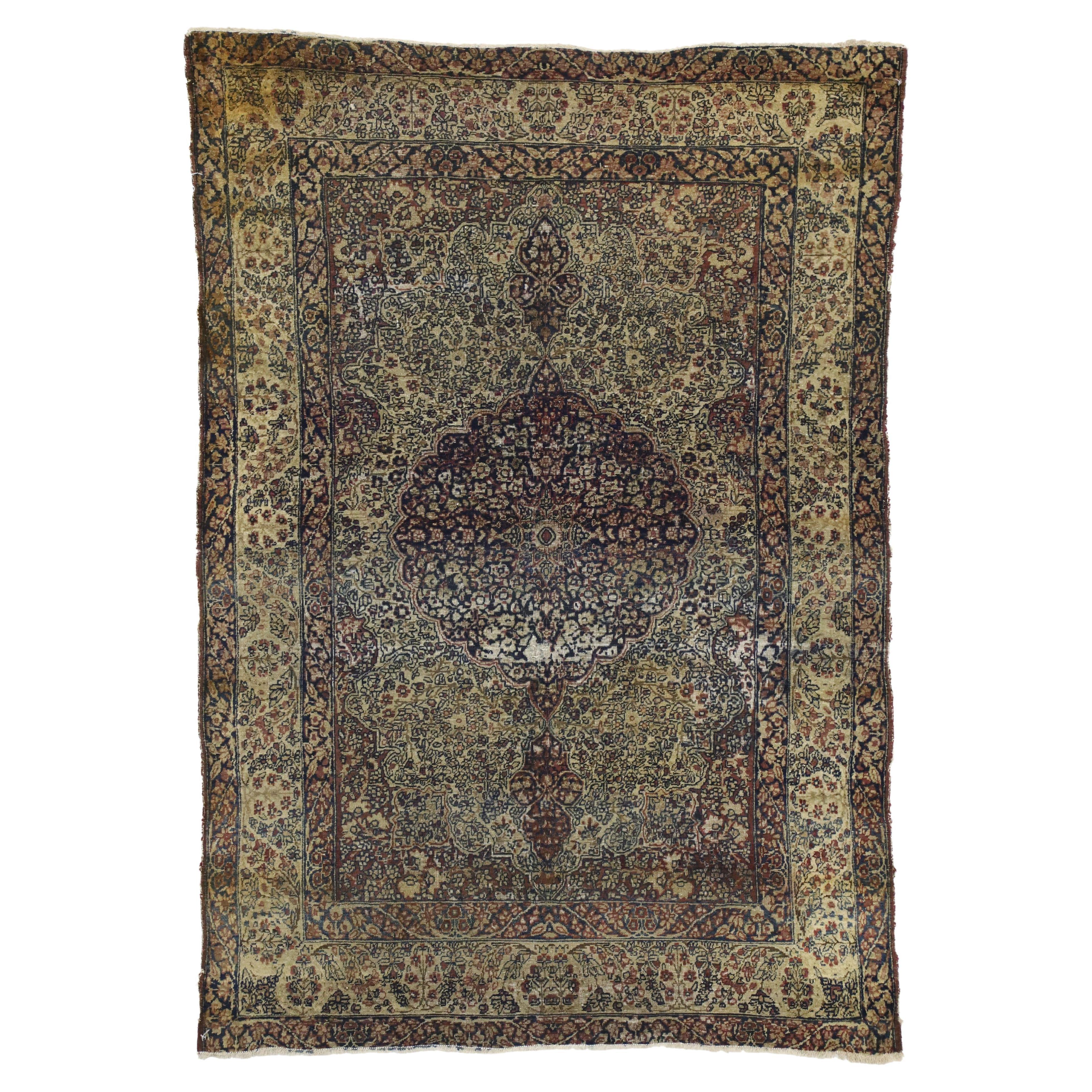 Distressed Antique Kermanshah Persian Rug with Rustic English Style For Sale