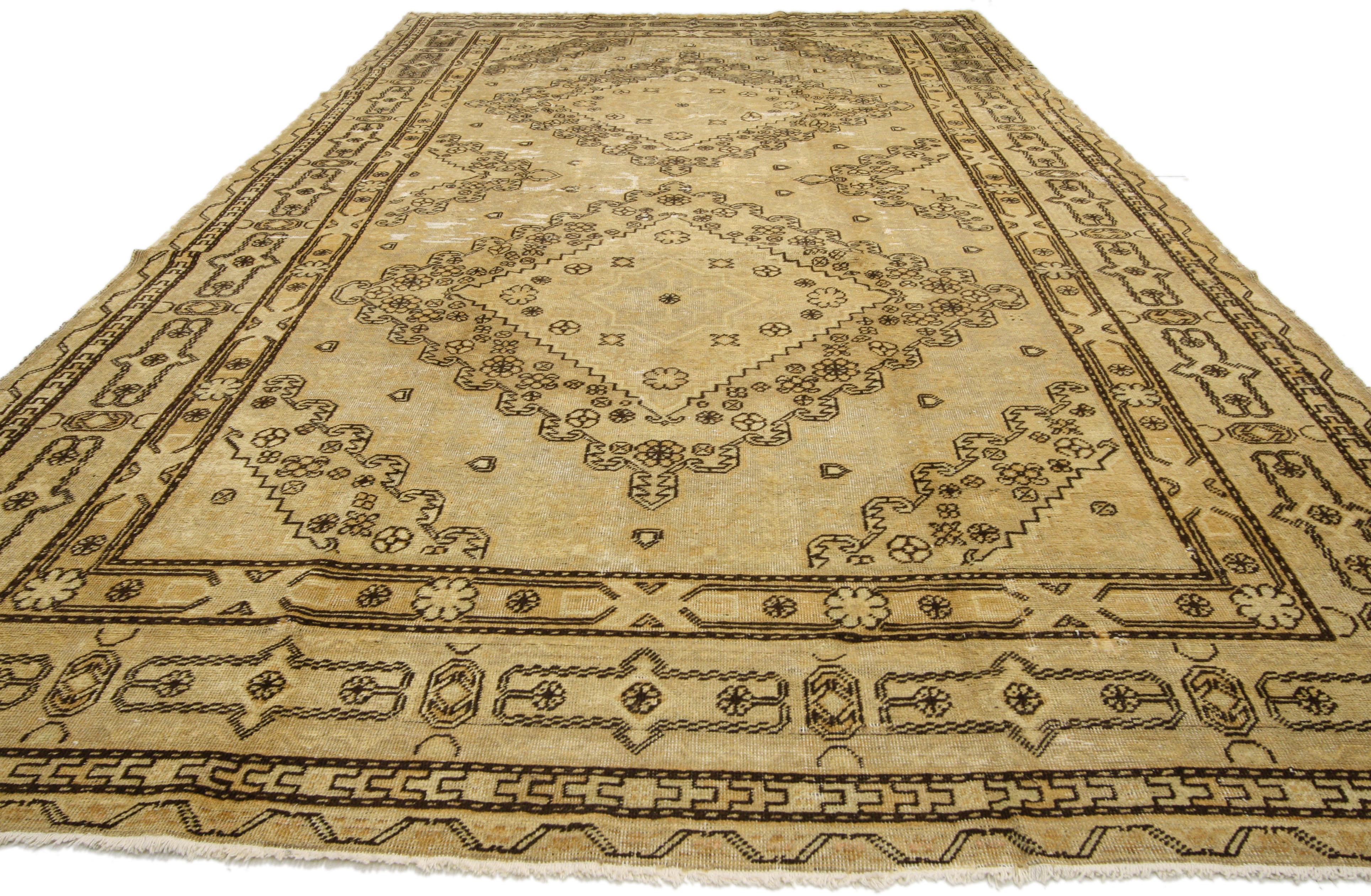 Turkmen Distressed Antique Khotan Gallery Rug with Mid-Century Modern Style For Sale