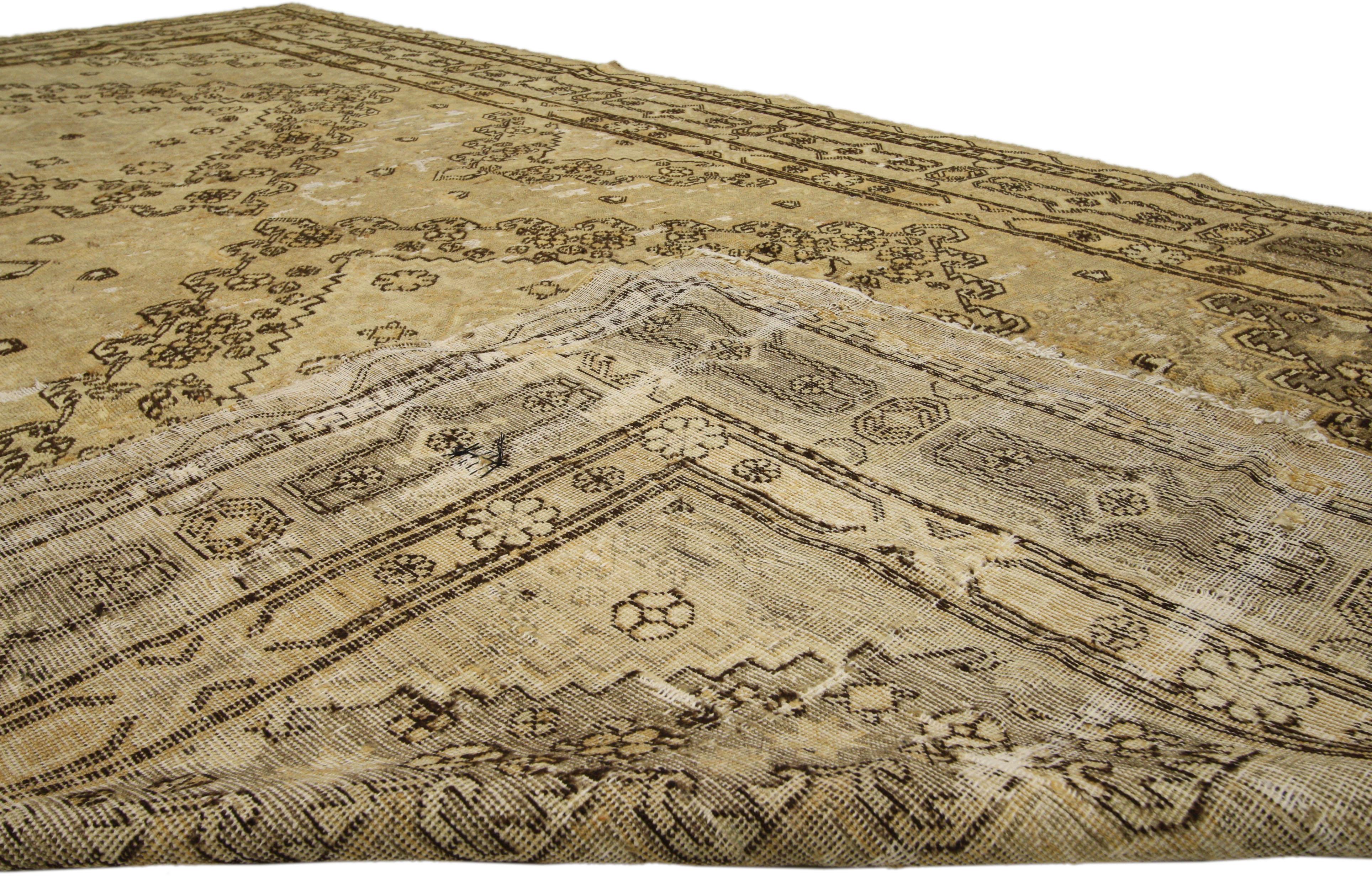 Hand-Knotted Distressed Antique Khotan Gallery Rug with Mid-Century Modern Style For Sale