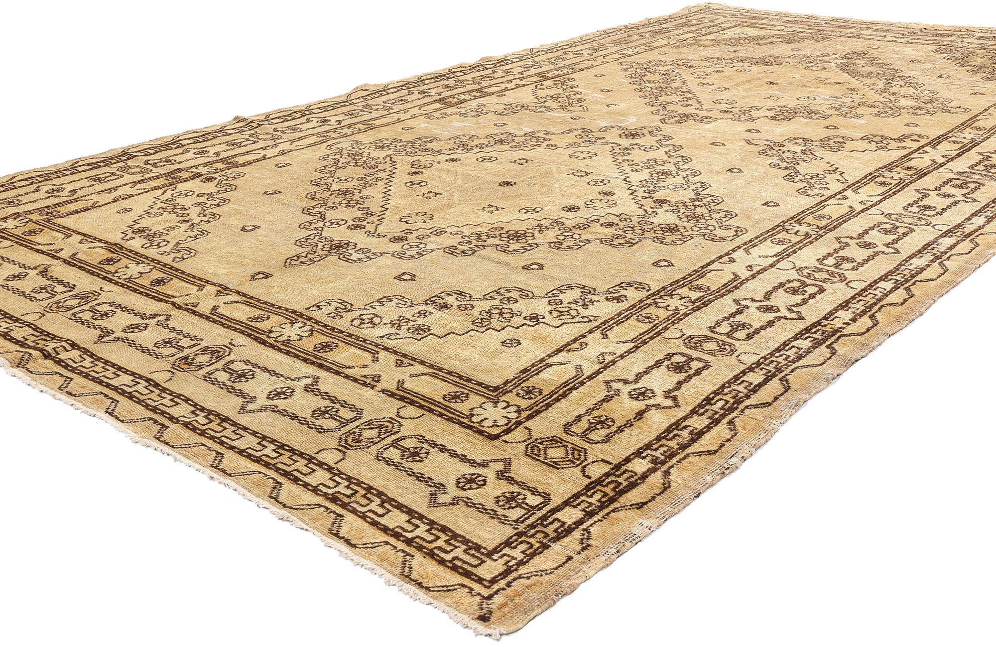73807 Antique Earth-Tone Turkestan Khotan Rug, 06'09 x 12'07. This hand-knotted wool Turkestan Khotan gallery rug, with its gently distressed patina, evokes the grandeur of a bygone era. The central field is adorned with two large stepped lozenge