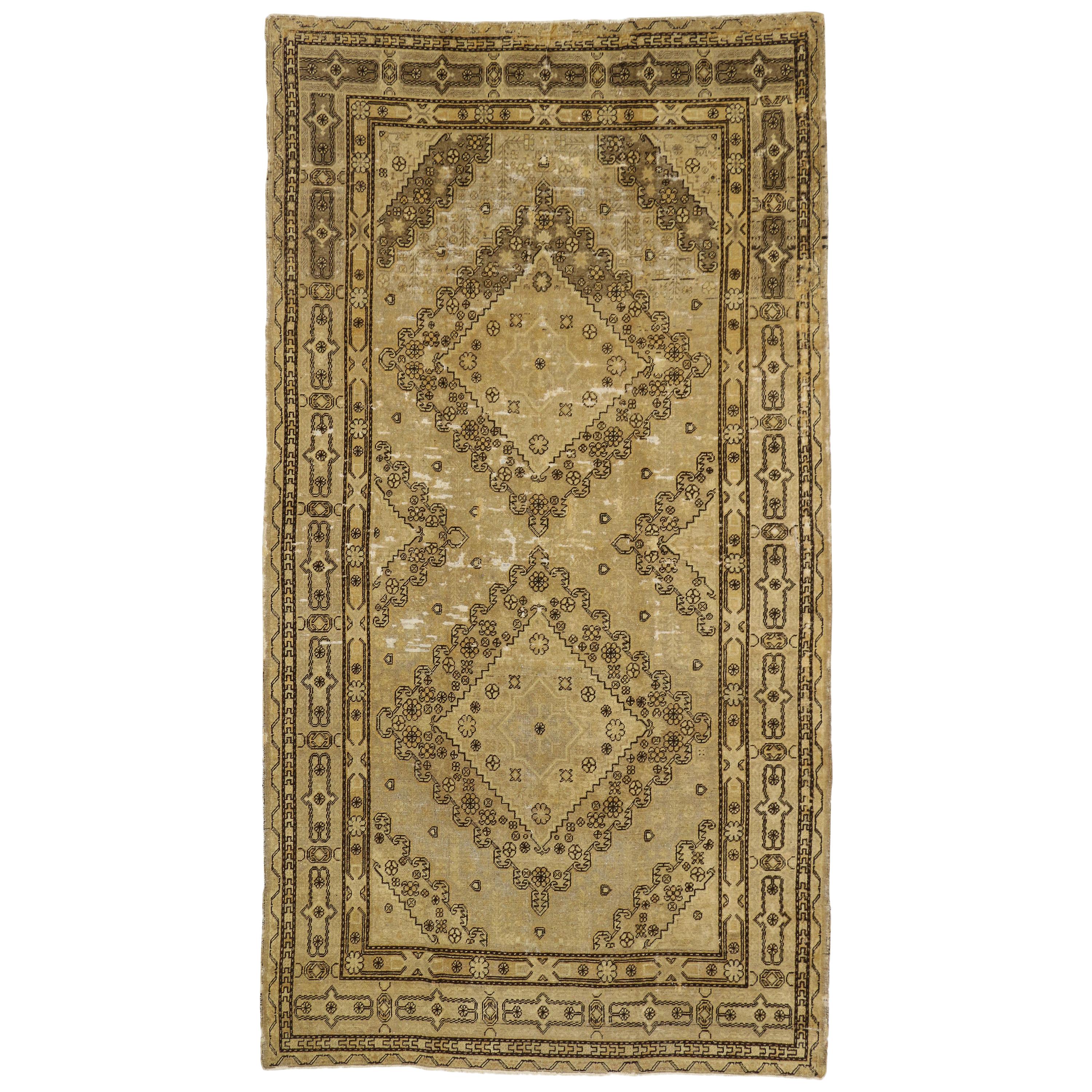 Distressed Antique Khotan Gallery Rug with Mid-Century Modern Style For Sale