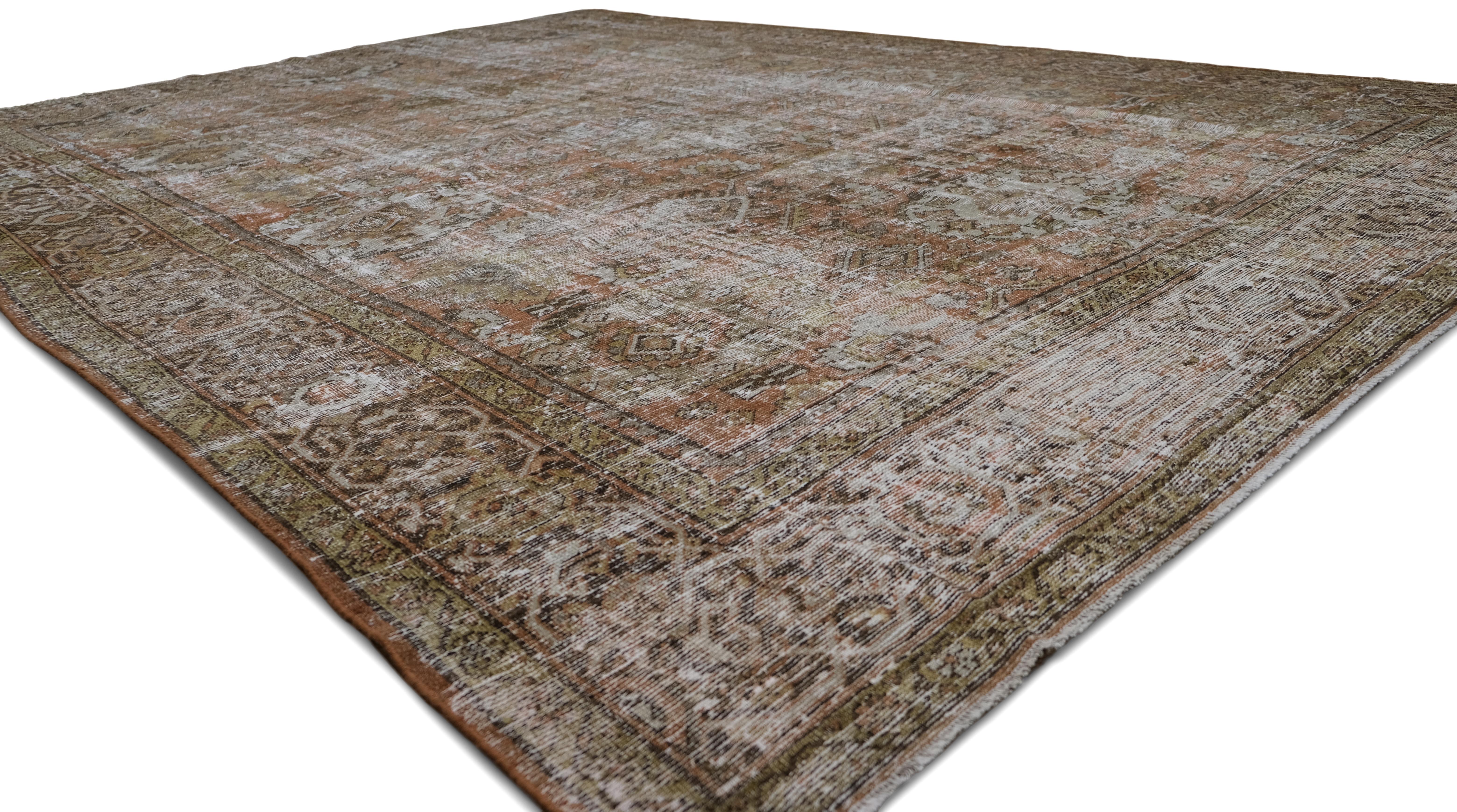 Persiano Tappeto Antico Mahal Marrone e Avorio Distressed in Lana 8'7''x12'4'' in vendita