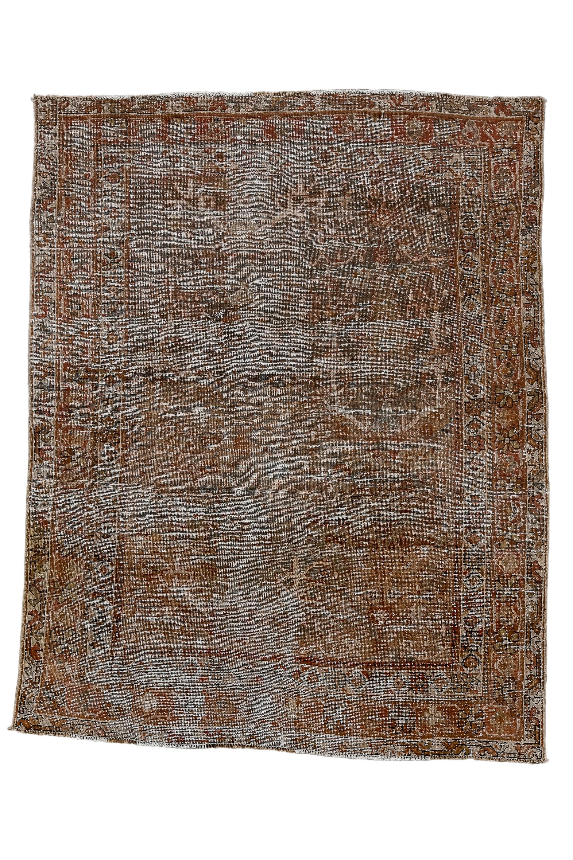 Although obviously distressed, this village scatter still shows a rust madder field with spindly straw stems. Rust main border, and non-matching ecru minor stripes. 

Rug Size
4'2x5'2