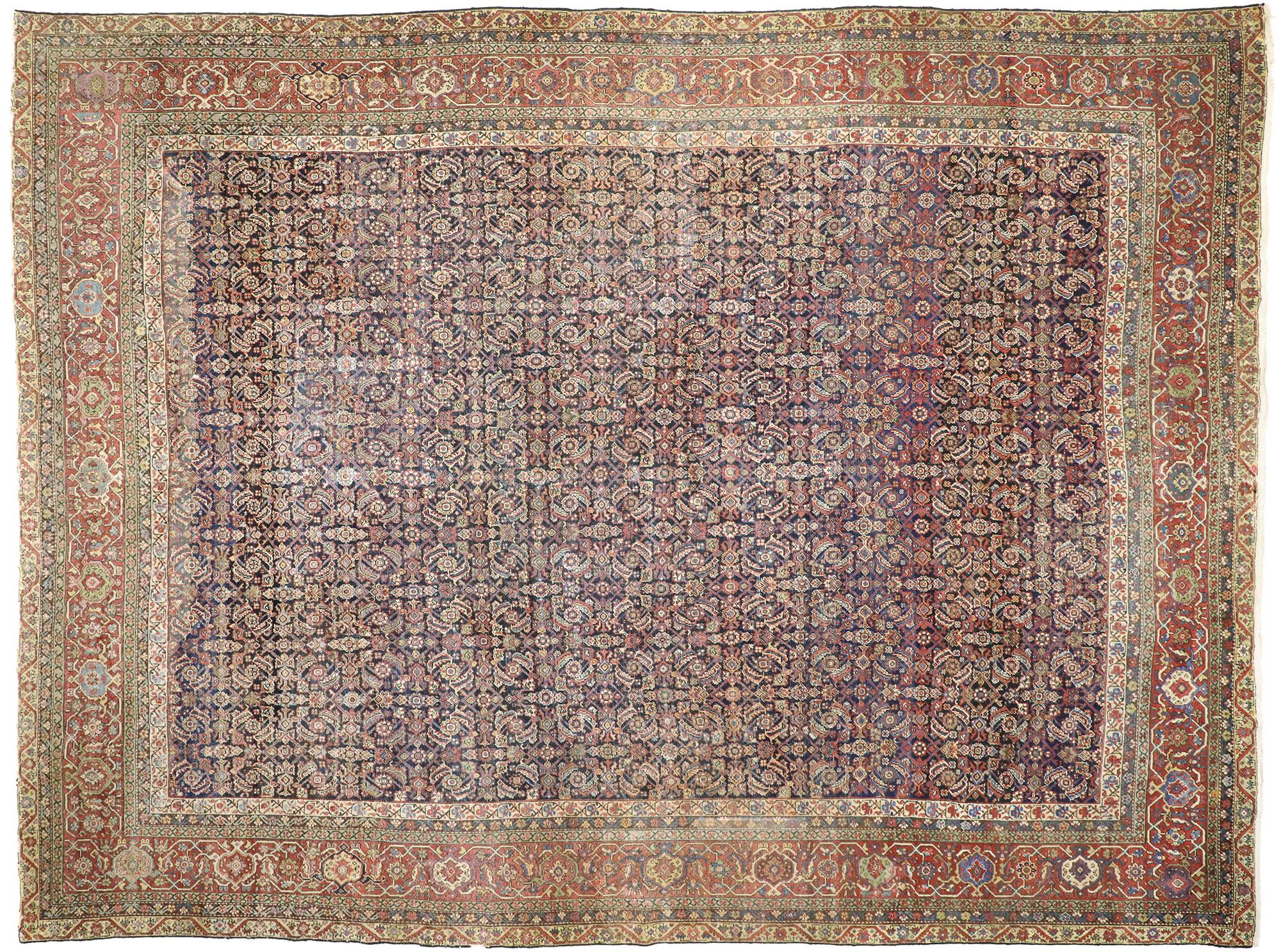 Hand-Knotted Distressed Antique Farahan Rug, Weathered Finesse Meets Rustic Sensibility For Sale