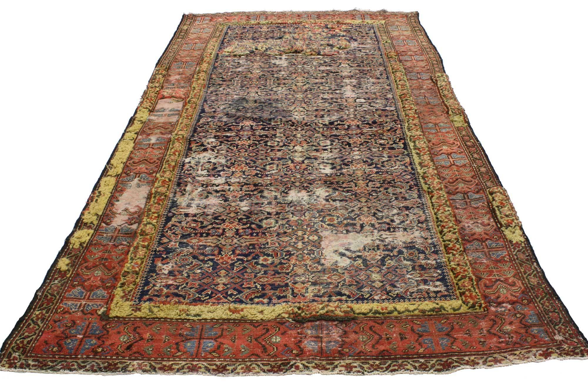 76746, distressed antique Malayer gallery rug, weathered and worn hallway runner. With its perfectly worn-in charm and edgy elements, this distressed antique Malayer runner with Industrial style will create a warm, lived-in look and take on a