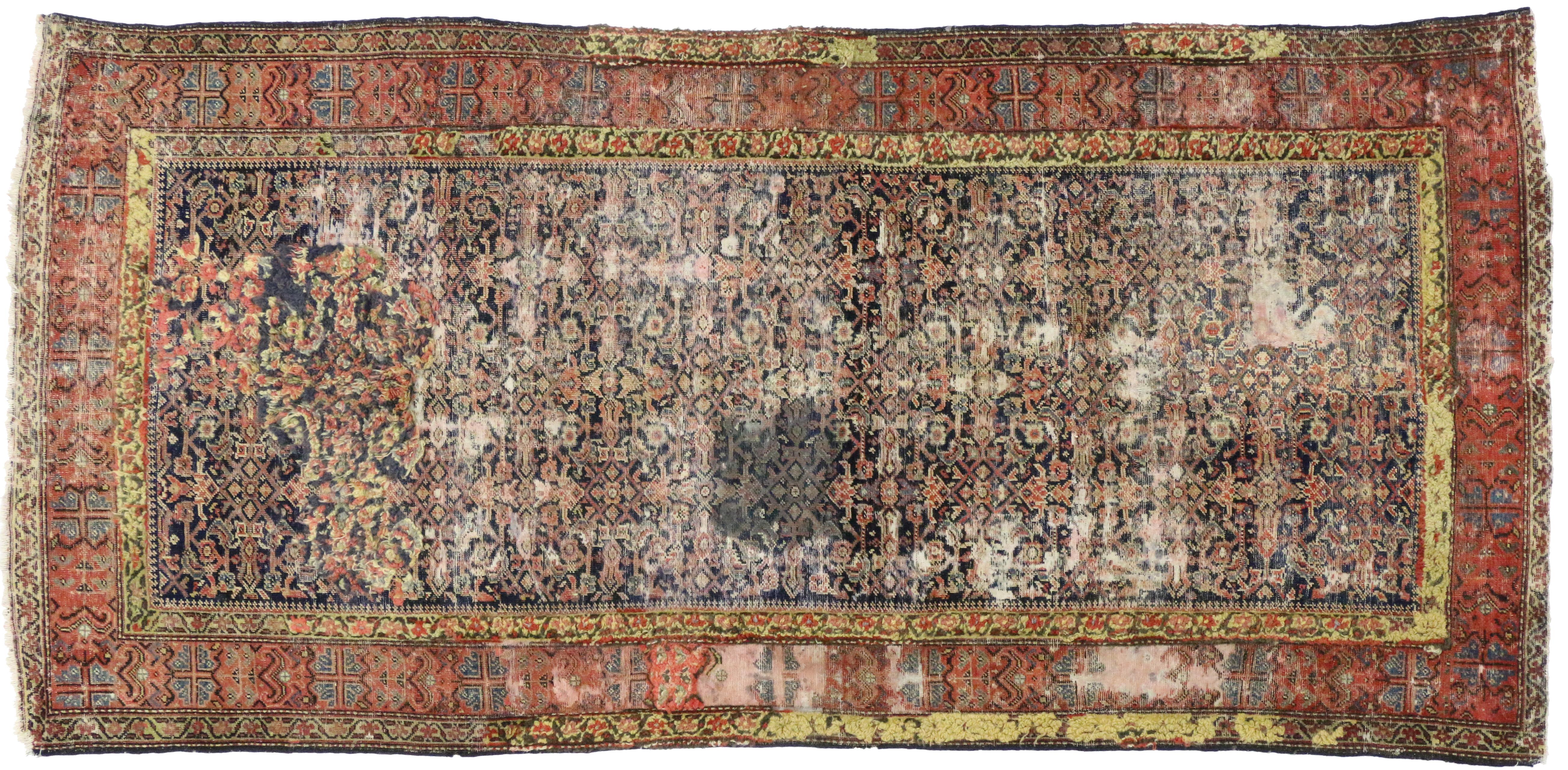 Persian Distressed Antique Malayer Gallery Rug, Weathered and Worn Hallway Runner For Sale