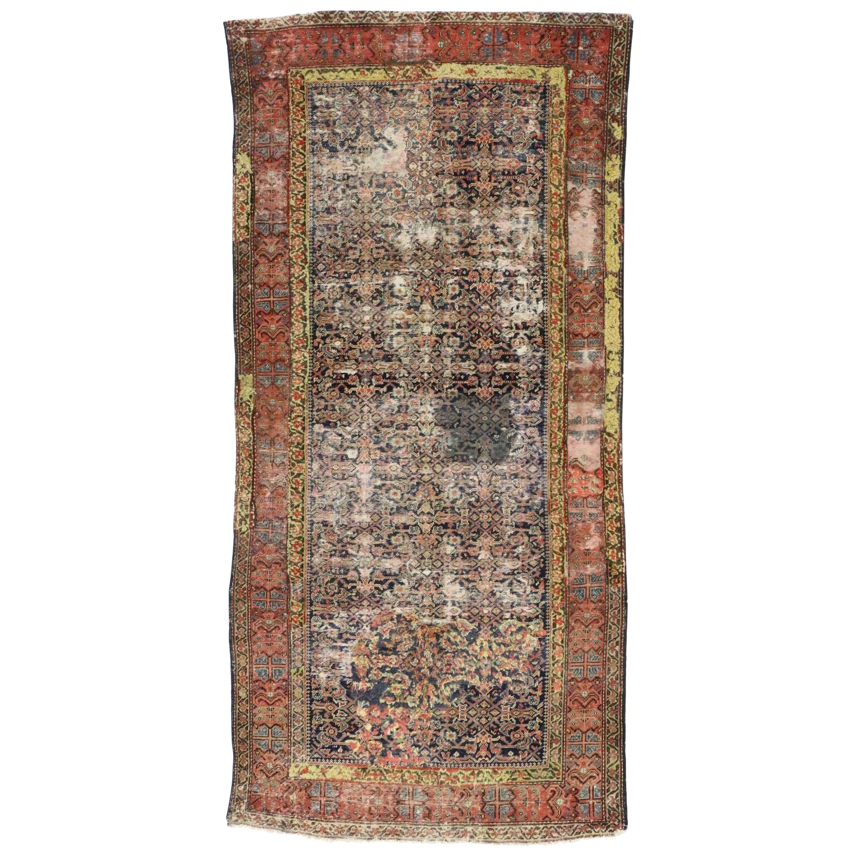 Distressed Antique Malayer Gallery Rug, Weathered and Worn Hallway Runner For Sale