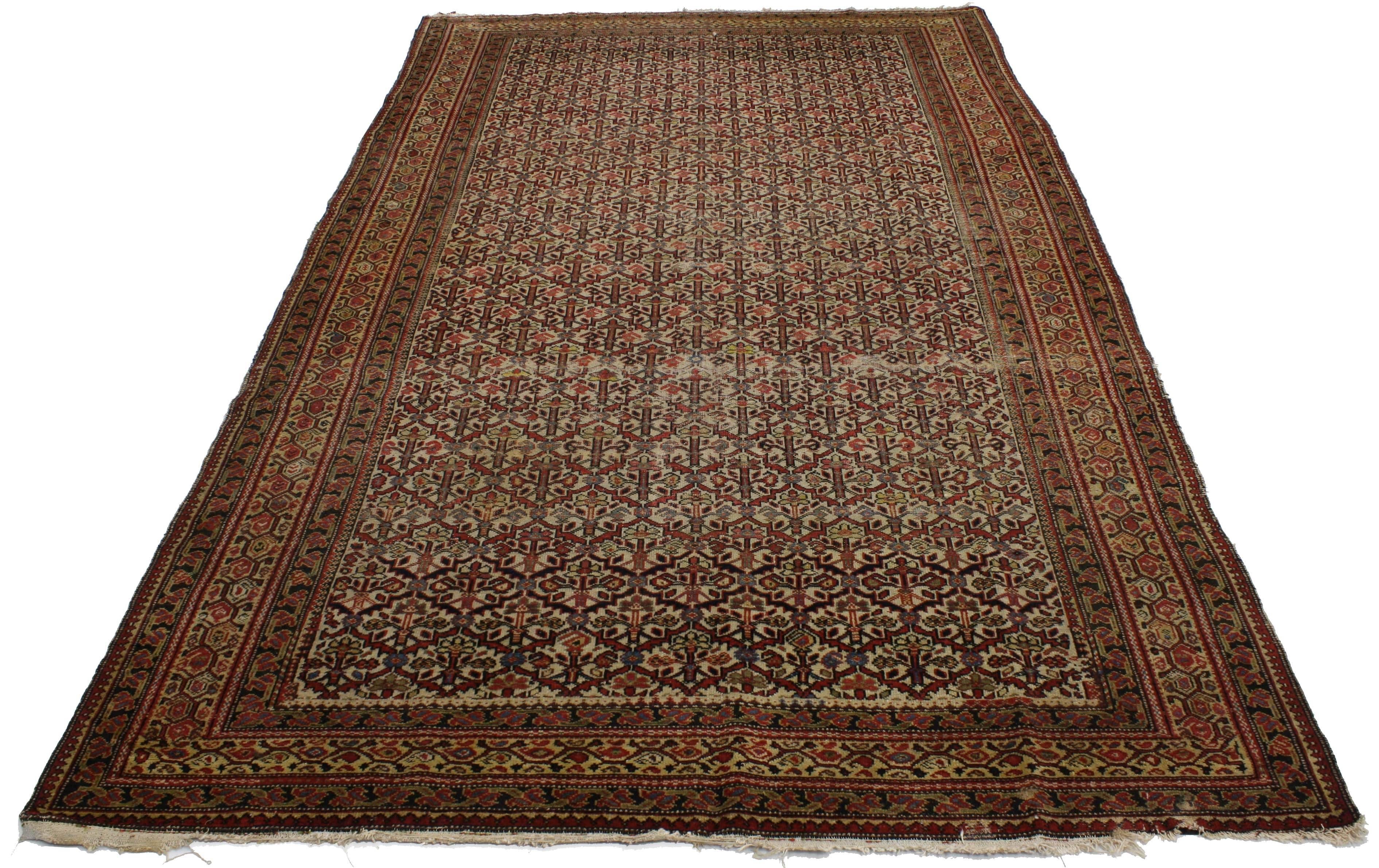 Hand-Knotted Distressed Antique Malayer Persian Area Rug with Industrial Rustic Style For Sale