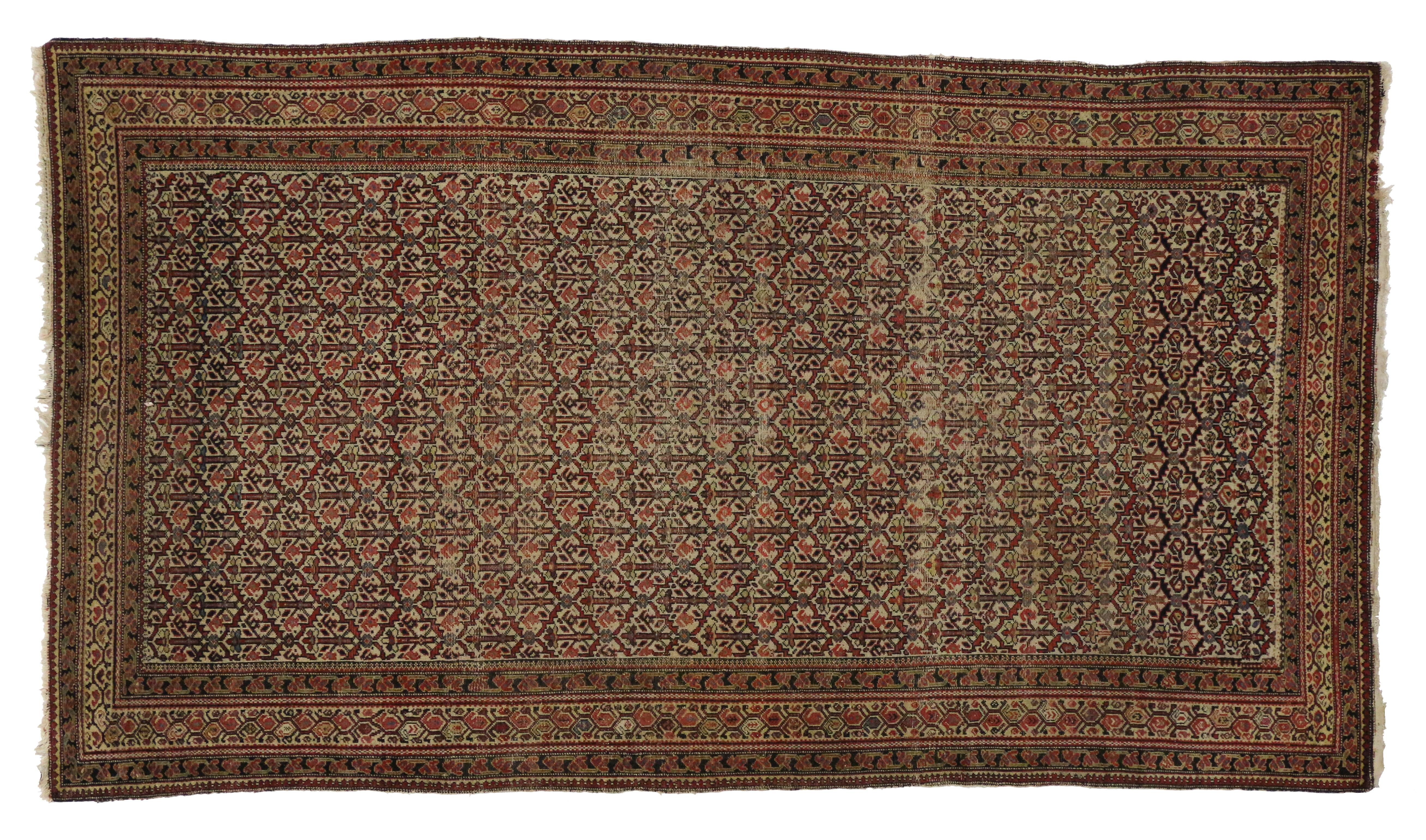 Distressed Antique Malayer Persian Area Rug with Industrial Rustic Style In Distressed Condition For Sale In Dallas, TX