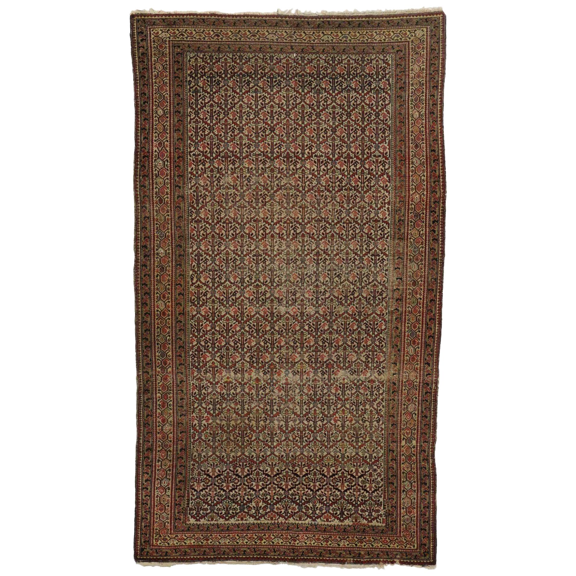 Distressed Antique Malayer Persian Area Rug with Industrial Rustic Style For Sale