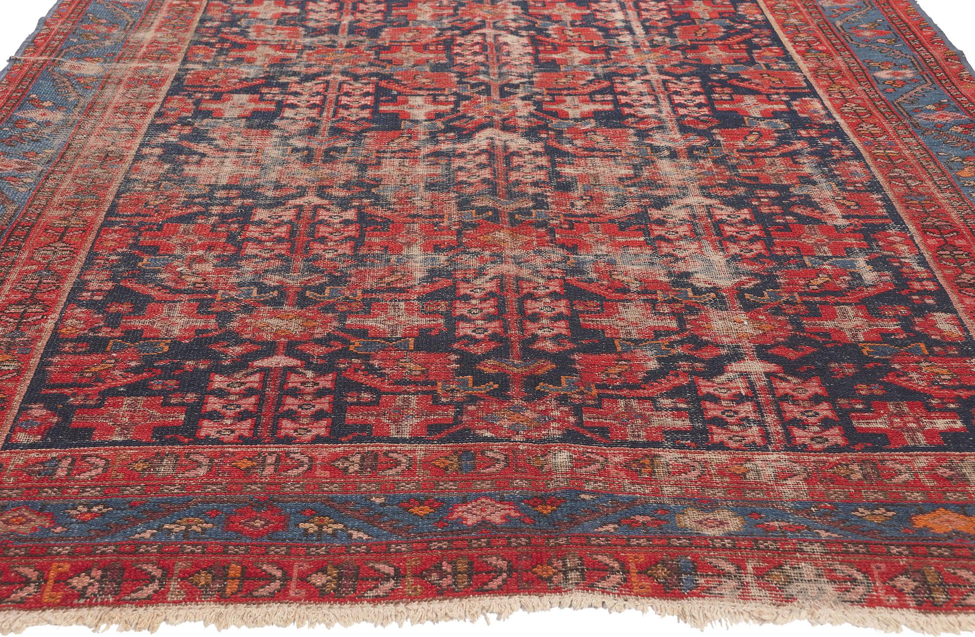 Antique Persian Malayer Rug, Rustic Luxe Meets Welcomed Informality In Distressed Condition For Sale In Dallas, TX