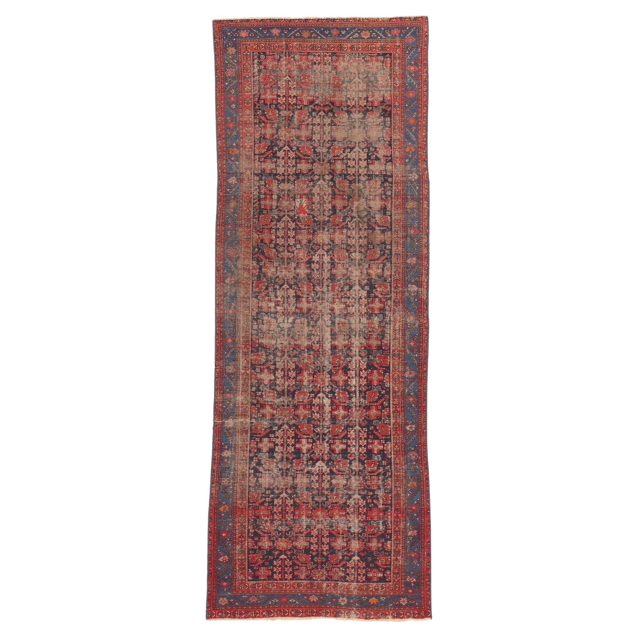 Tapis persan Malayer ancien vieilli, large tapis de couloir de salon