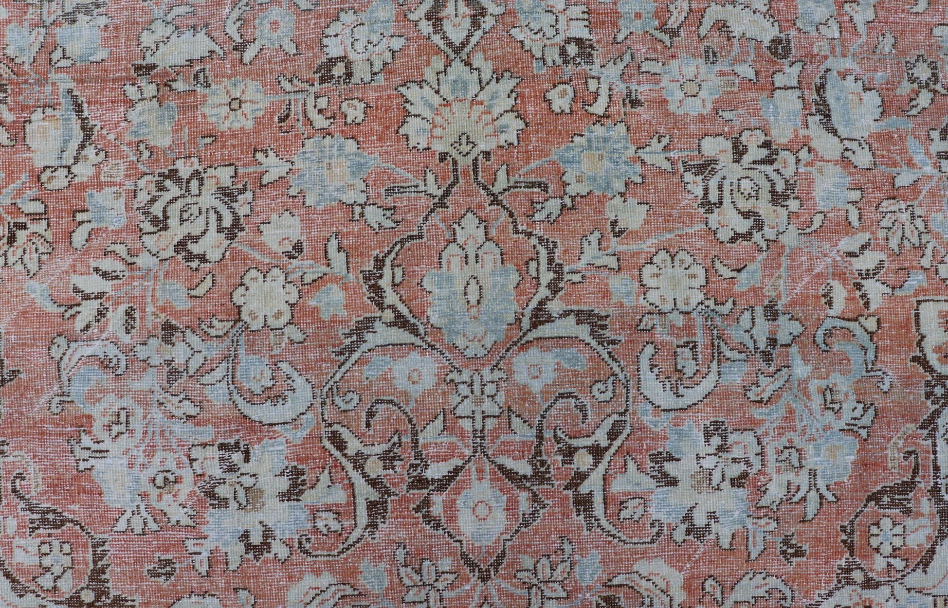 Distressed Antique Medallion Persian Mahal Rug in Faded Orange, Cream and Brown For Sale 5