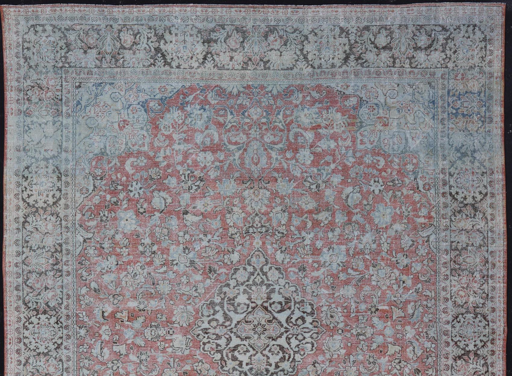 Sultanabad Distressed Antique Medallion Persian Mahal Rug in Faded Orange, Cream and Brown For Sale