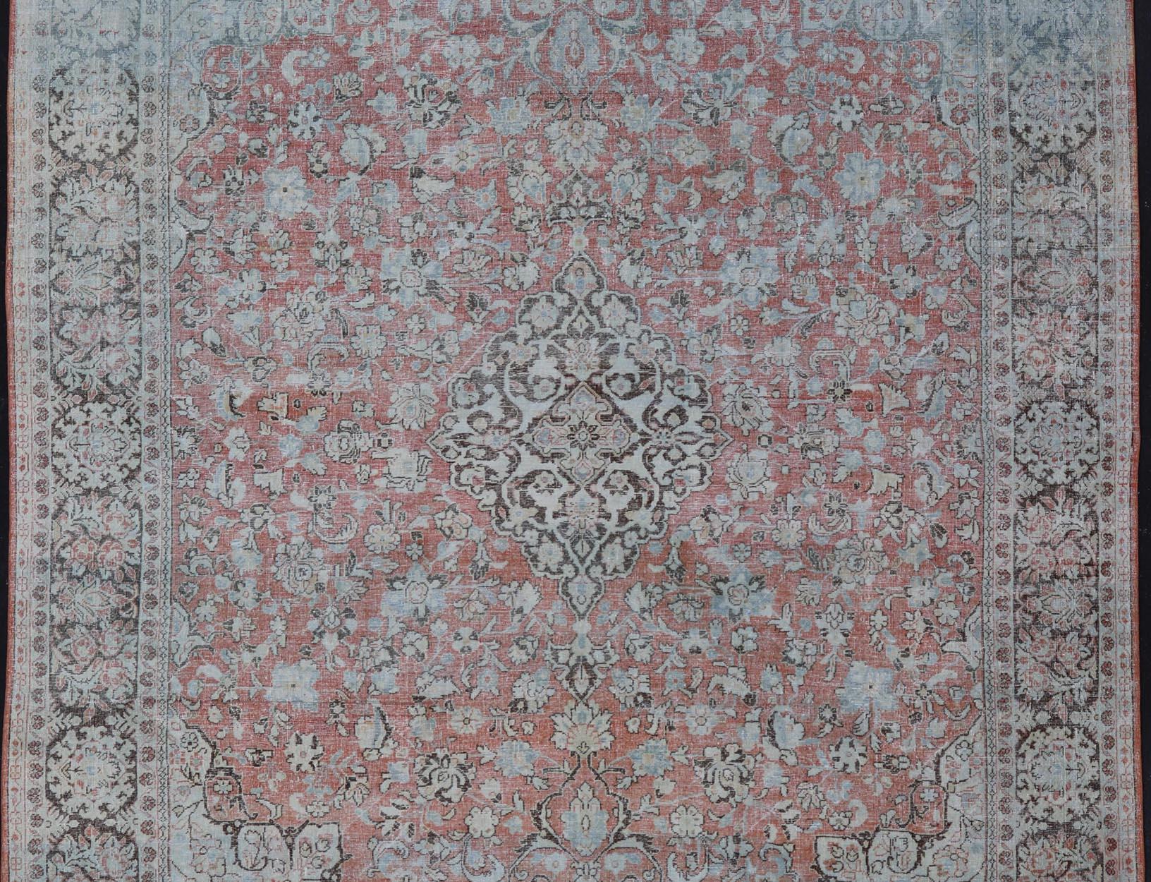 Hand-Knotted Distressed Antique Medallion Persian Mahal Rug in Faded Orange, Cream and Brown For Sale