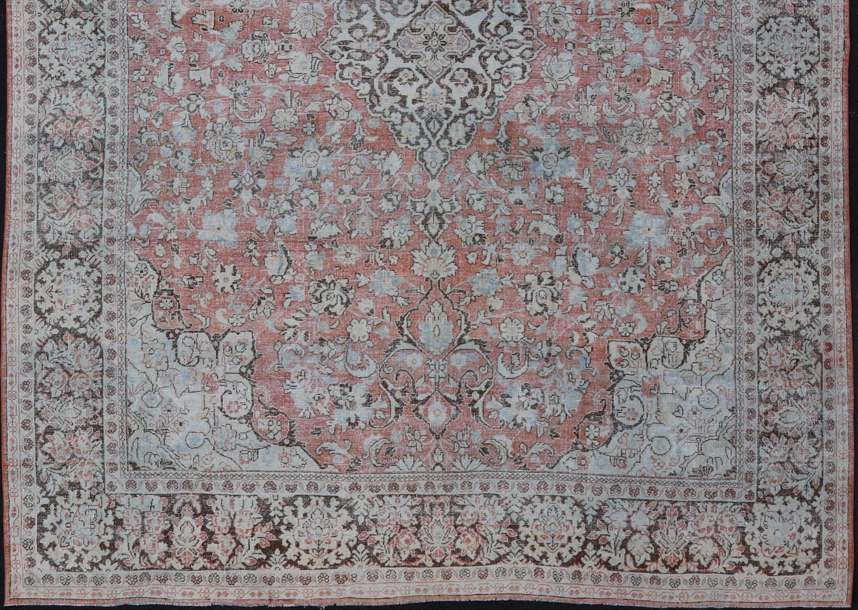 Distressed Antique Medallion Persian Mahal Rug in Faded Orange, Cream and Brown In Good Condition For Sale In Atlanta, GA