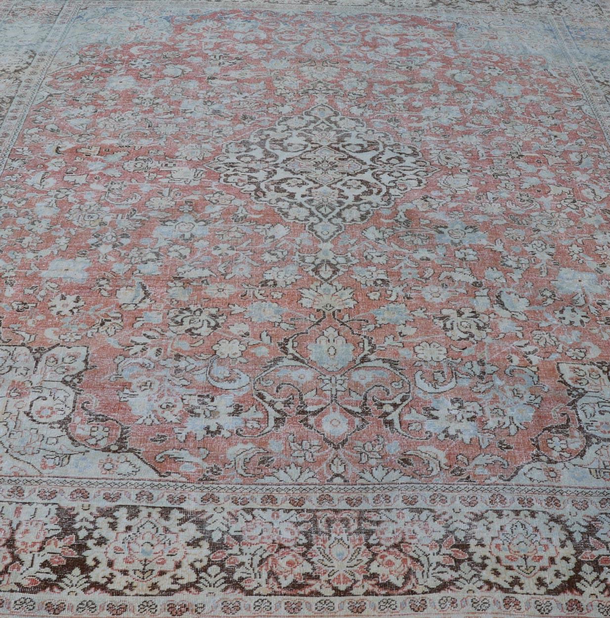 20th Century Distressed Antique Medallion Persian Mahal Rug in Faded Orange, Cream and Brown For Sale