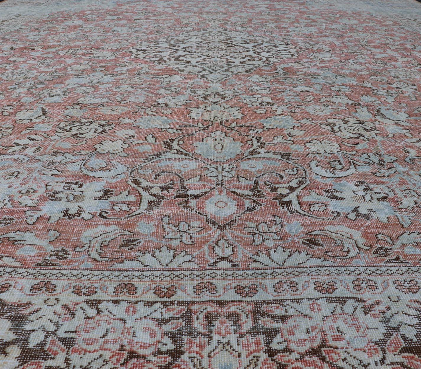 Wool Distressed Antique Medallion Persian Mahal Rug in Faded Orange, Cream and Brown For Sale
