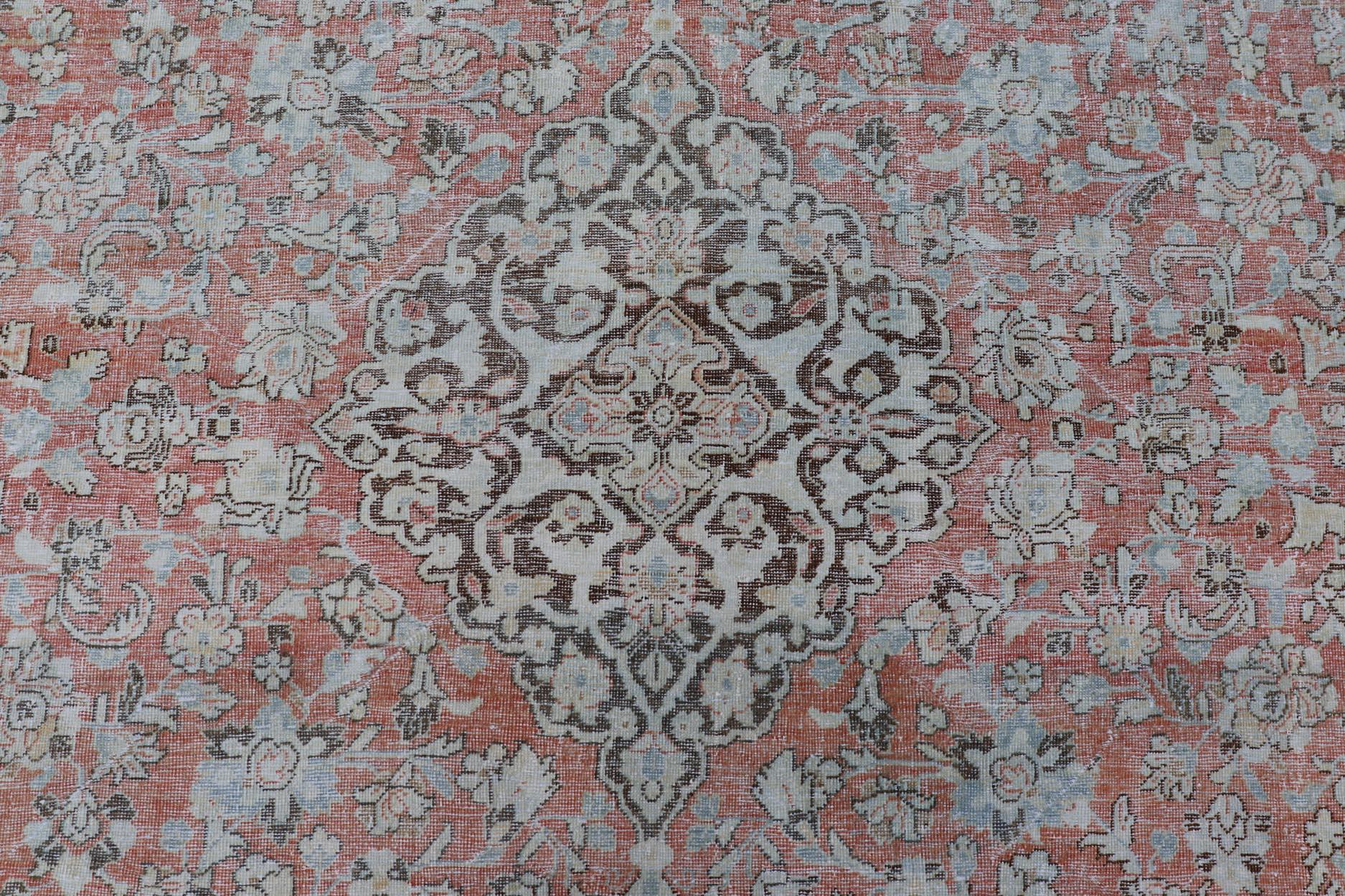 Distressed Antique Medallion Persian Mahal Rug in Faded Orange, Cream and Brown For Sale 1