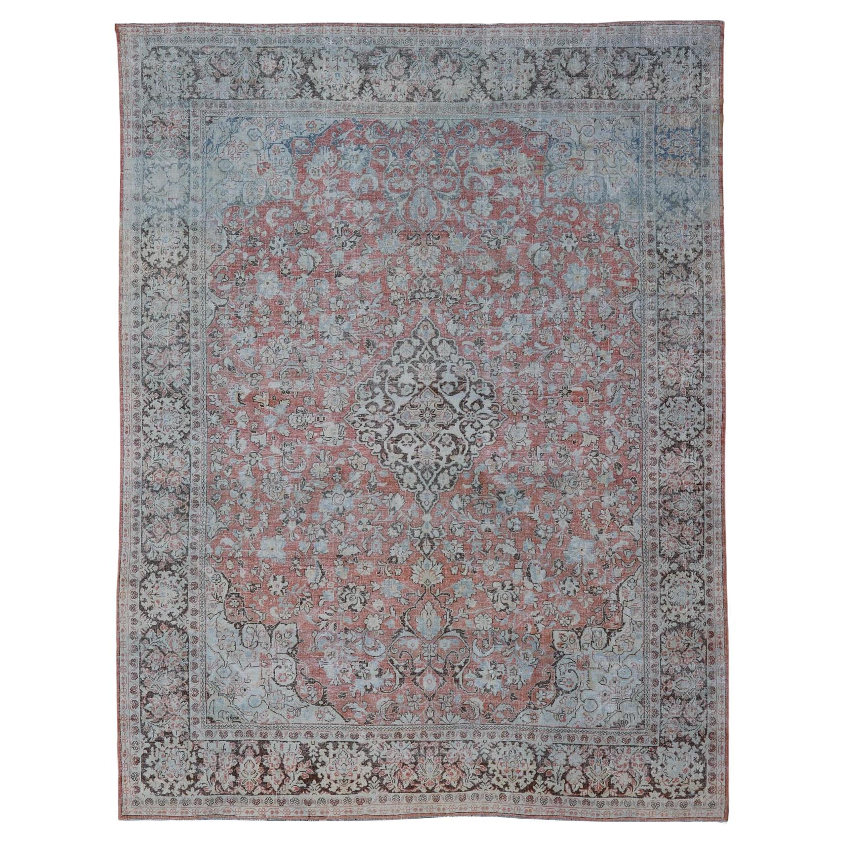Distressed Antique Medallion Persian Mahal Rug in Faded Orange, Cream and Brown