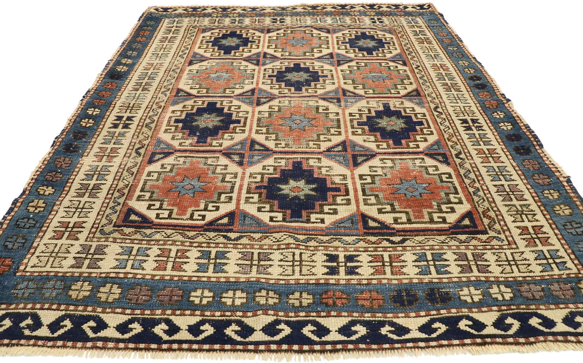 Turkish Distressed Antique Moghan Memling Gul Kazak Square Rug with Modern Tribal Style For Sale