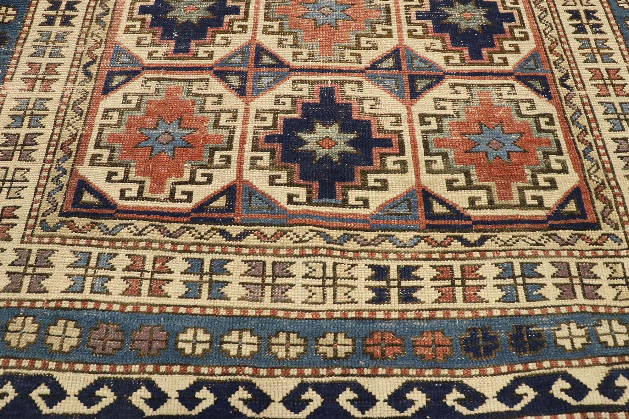 Hand-Knotted Distressed Antique Moghan Memling Gul Kazak Square Rug with Modern Tribal Style For Sale