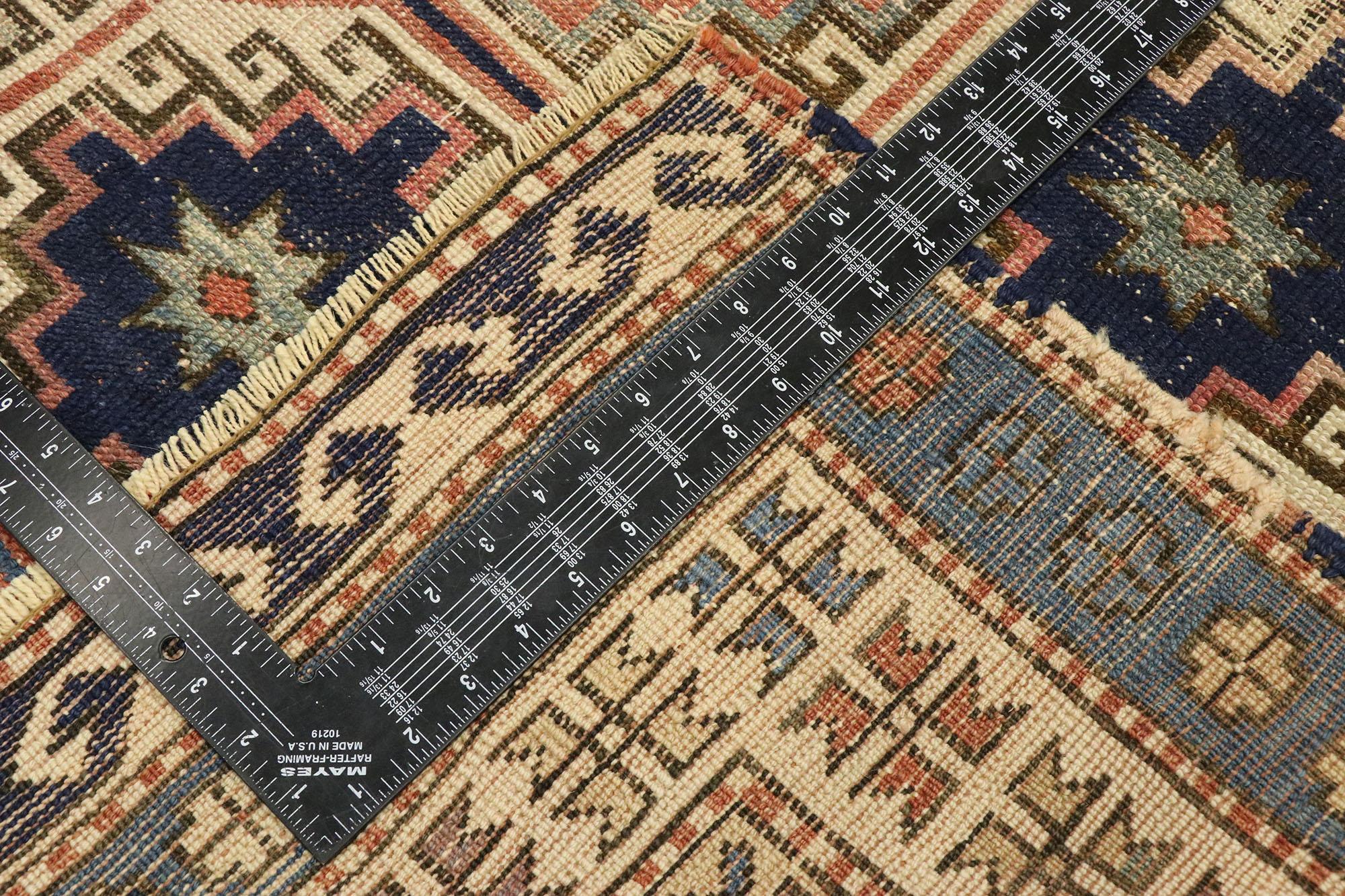 Distressed Antique Moghan Memling Gul Kazak Square Rug with Modern Tribal Style In Distressed Condition For Sale In Dallas, TX