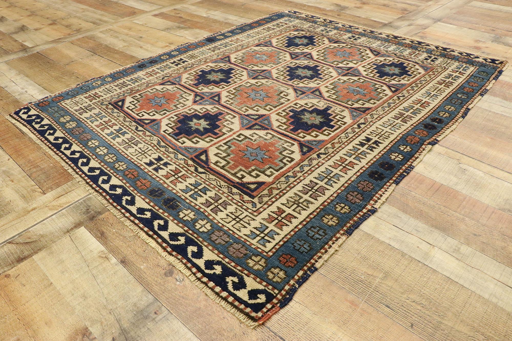 20th Century Distressed Antique Moghan Memling Gul Kazak Square Rug with Modern Tribal Style For Sale