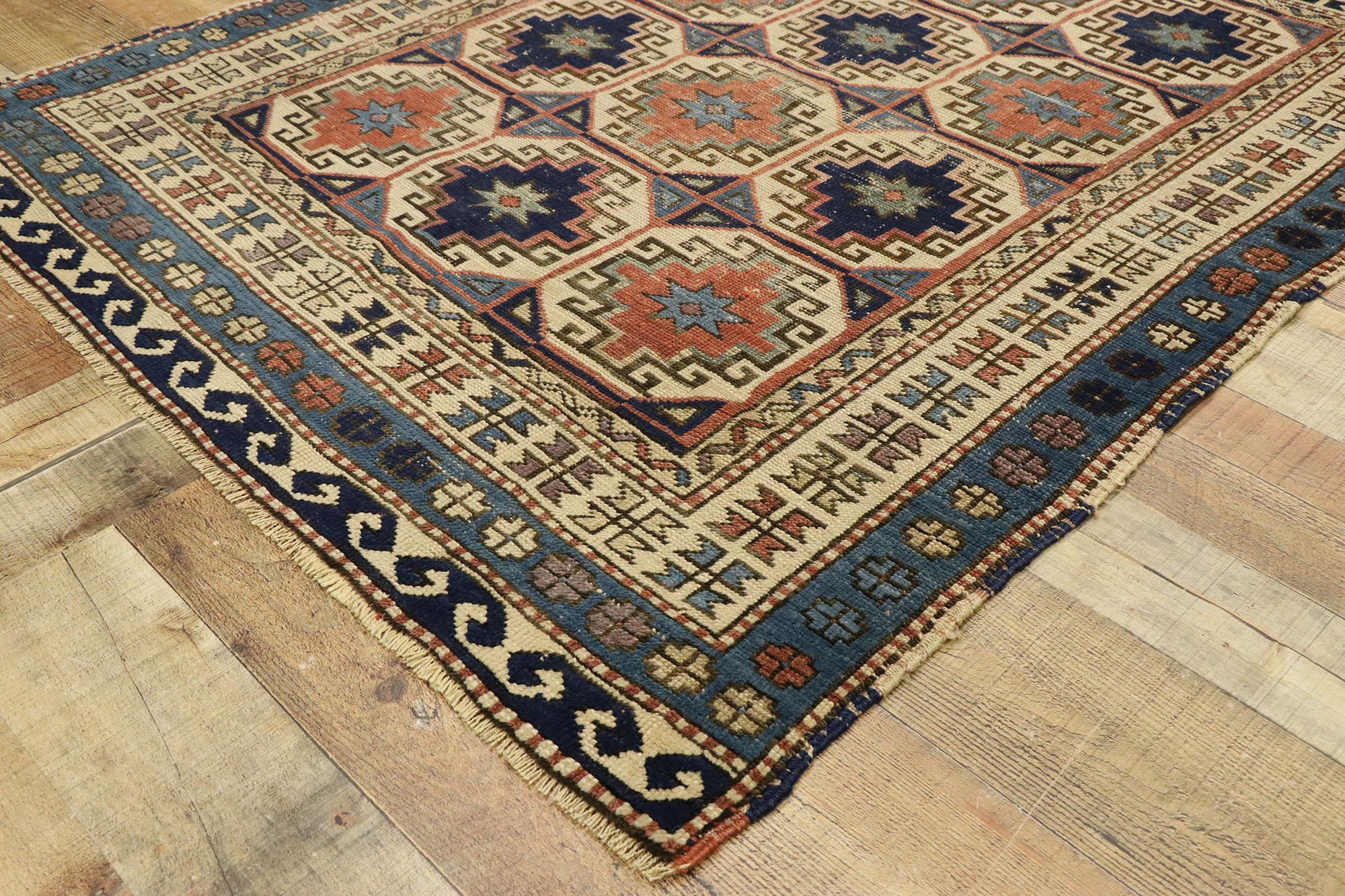 Wool Distressed Antique Moghan Memling Gul Kazak Square Rug with Modern Tribal Style For Sale
