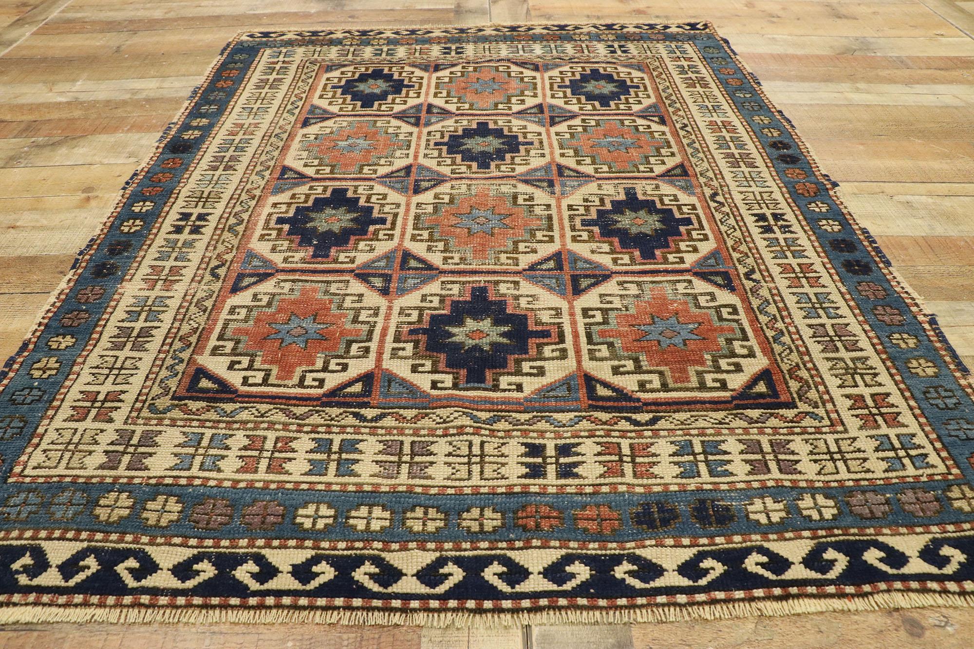 Distressed Antique Moghan Memling Gul Kazak Square Rug with Modern Tribal Style For Sale 1