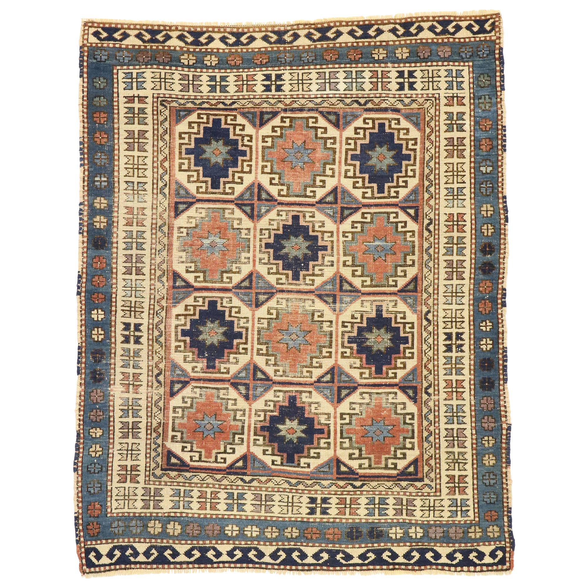 Distressed Antique Moghan Memling Gul Kazak Square Rug with Modern Tribal Style For Sale