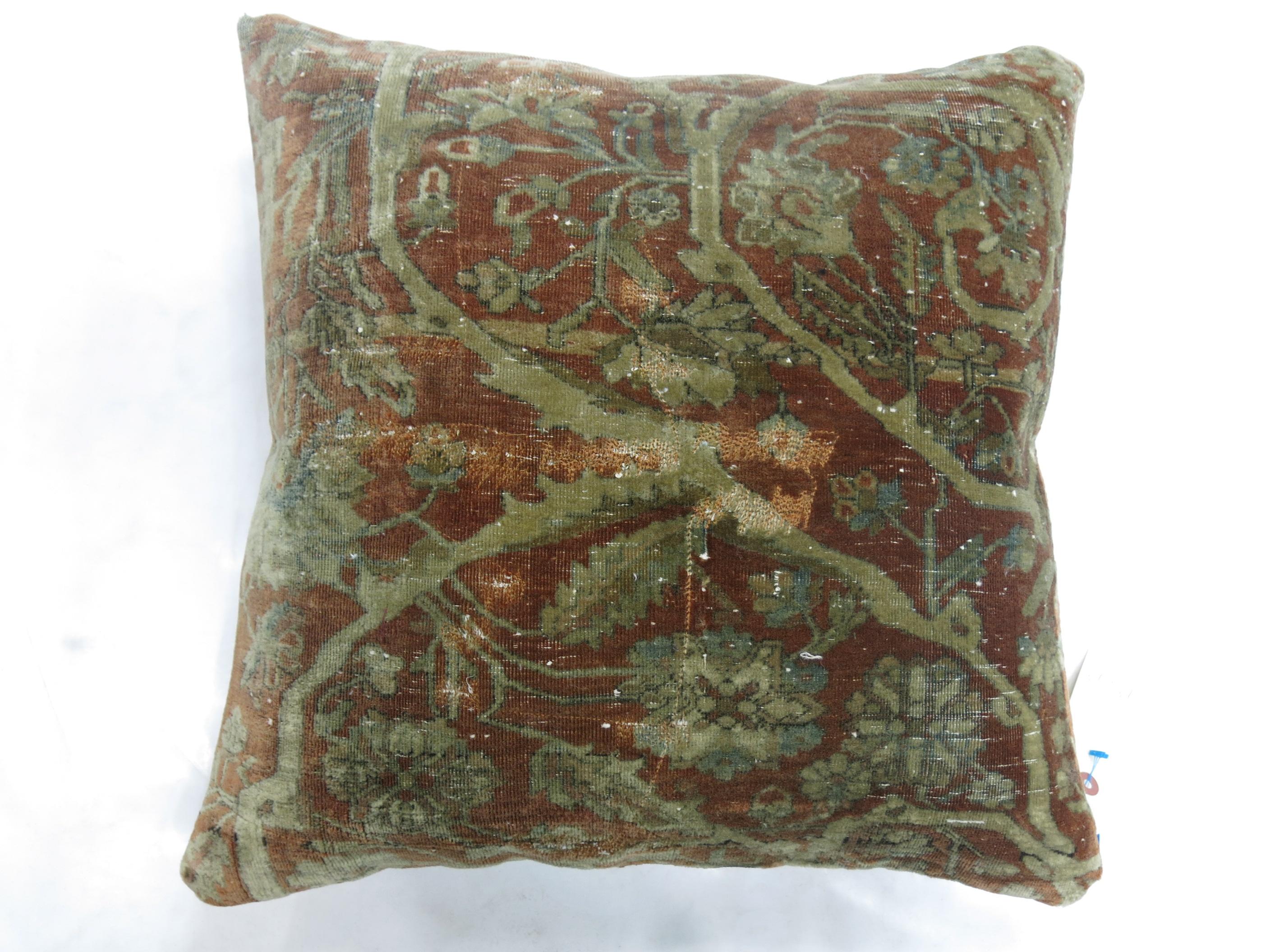 Distressed Antique Mohtasham Persian Kashan Rug Pillow In Distressed Condition For Sale In New York, NY