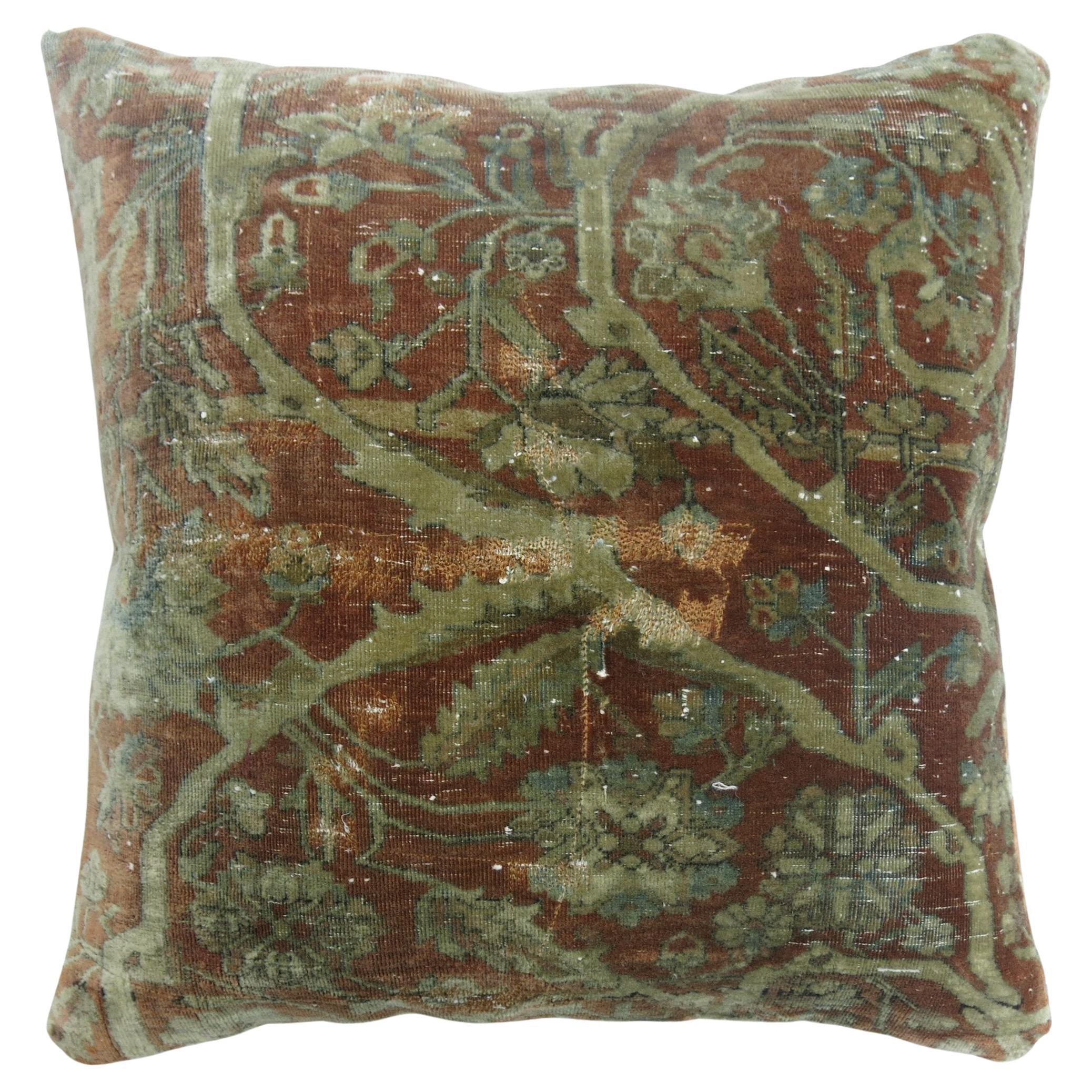 Distressed Antique Mohtasham Persian Kashan Rug Pillow For Sale