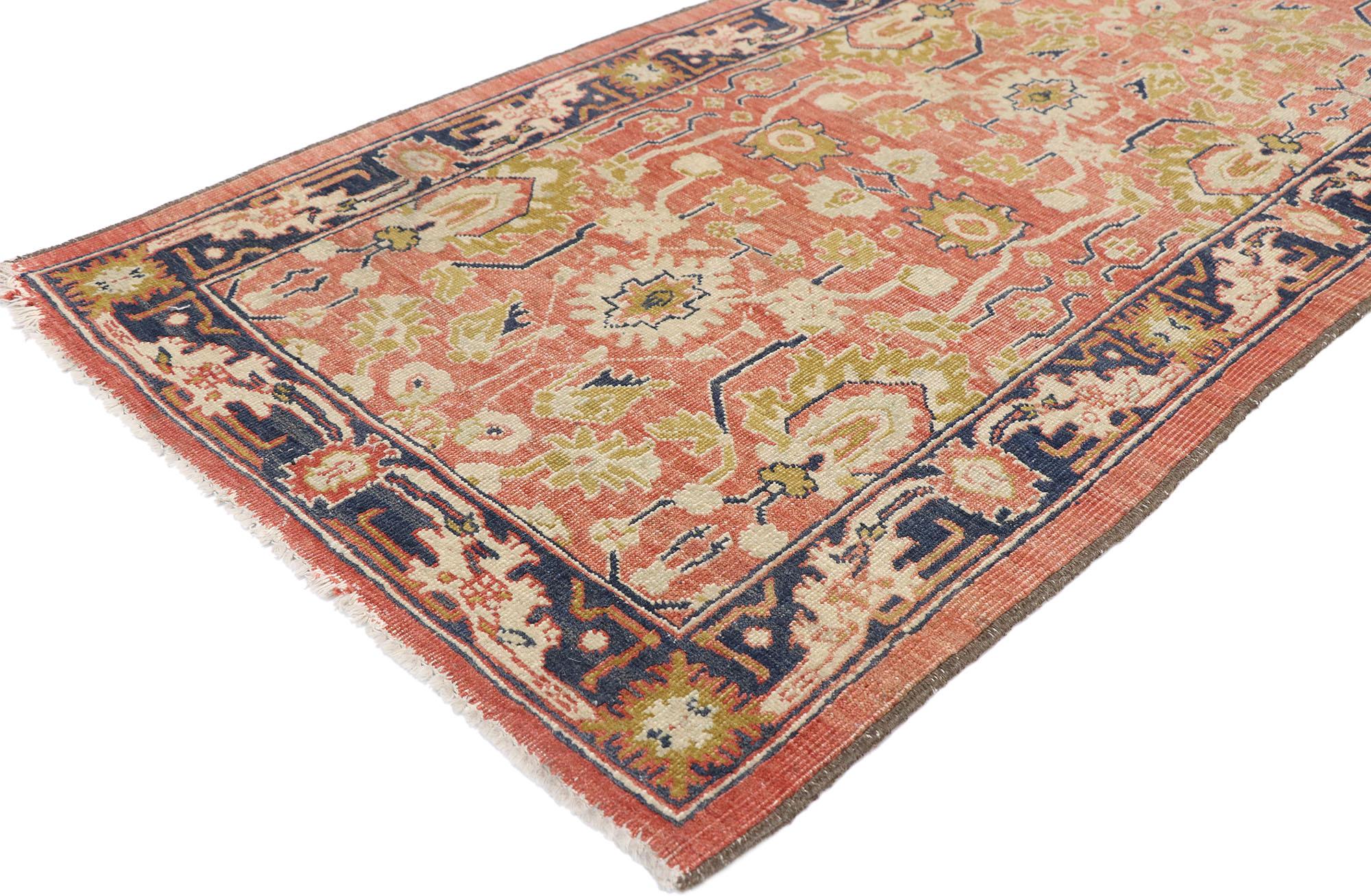 77639 Distressed antique Pakistani runner with Rustic Arts & Crafts style. Warm and inviting with rustic sensibility, this hand-knotted wool distressed antique Pakistani runner will take on a curated lived-in look that feels timeless while imparting